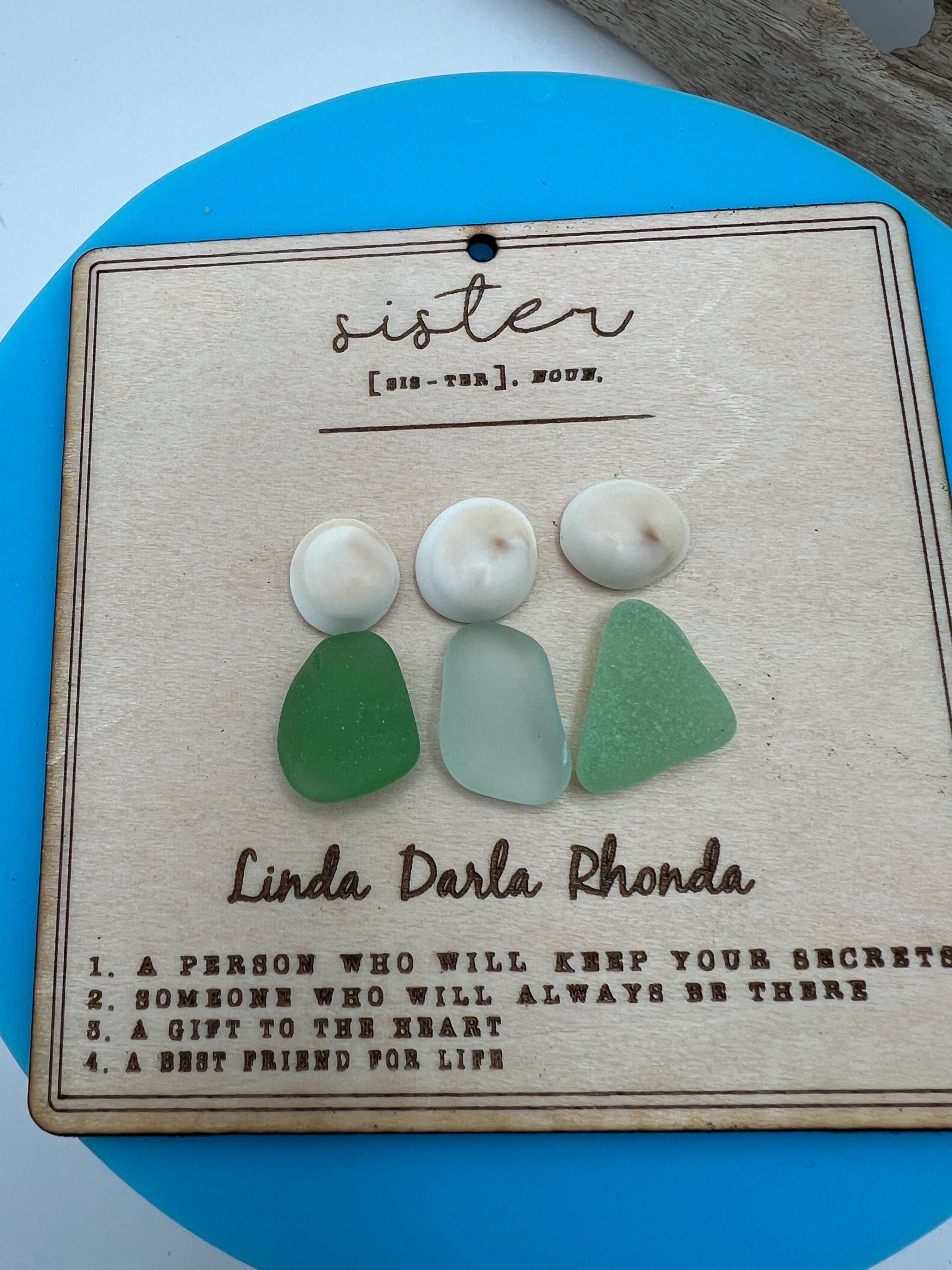 Handmade Sea Glass Sister Keepsake Ornament, Personalized Wood Family Art