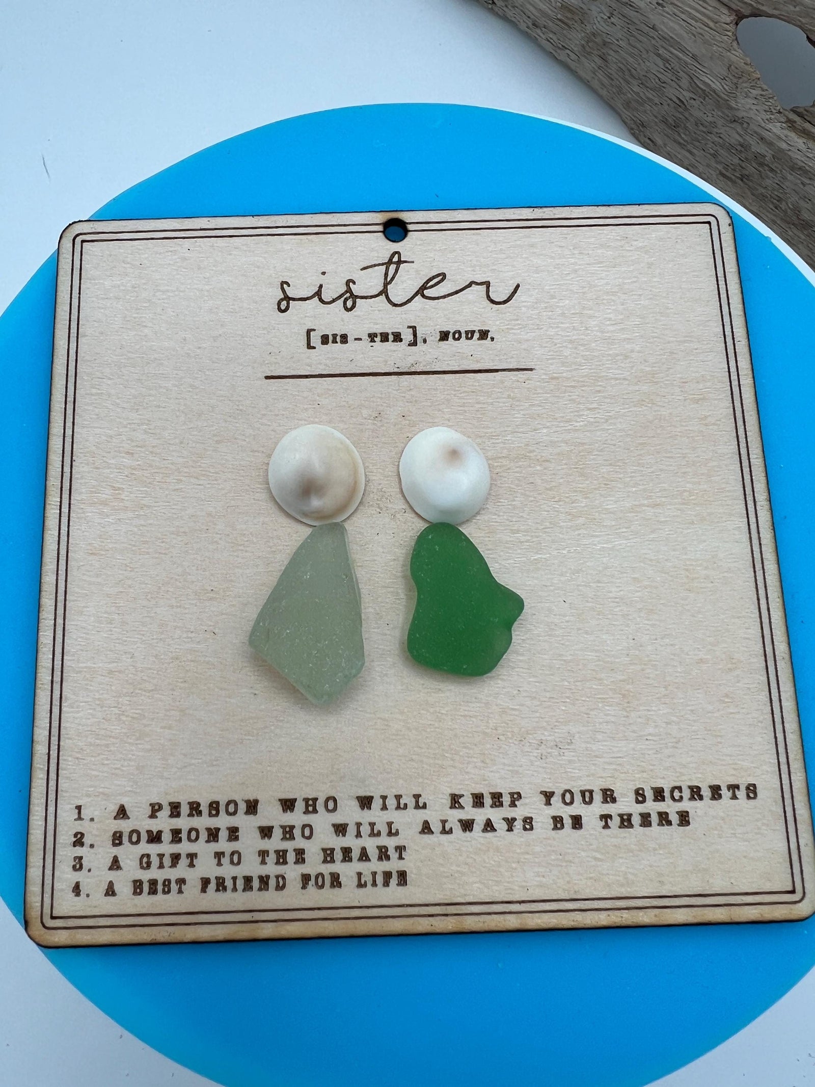 Handmade Sea Glass Sister Keepsake Ornament, Personalized Wood Family Art