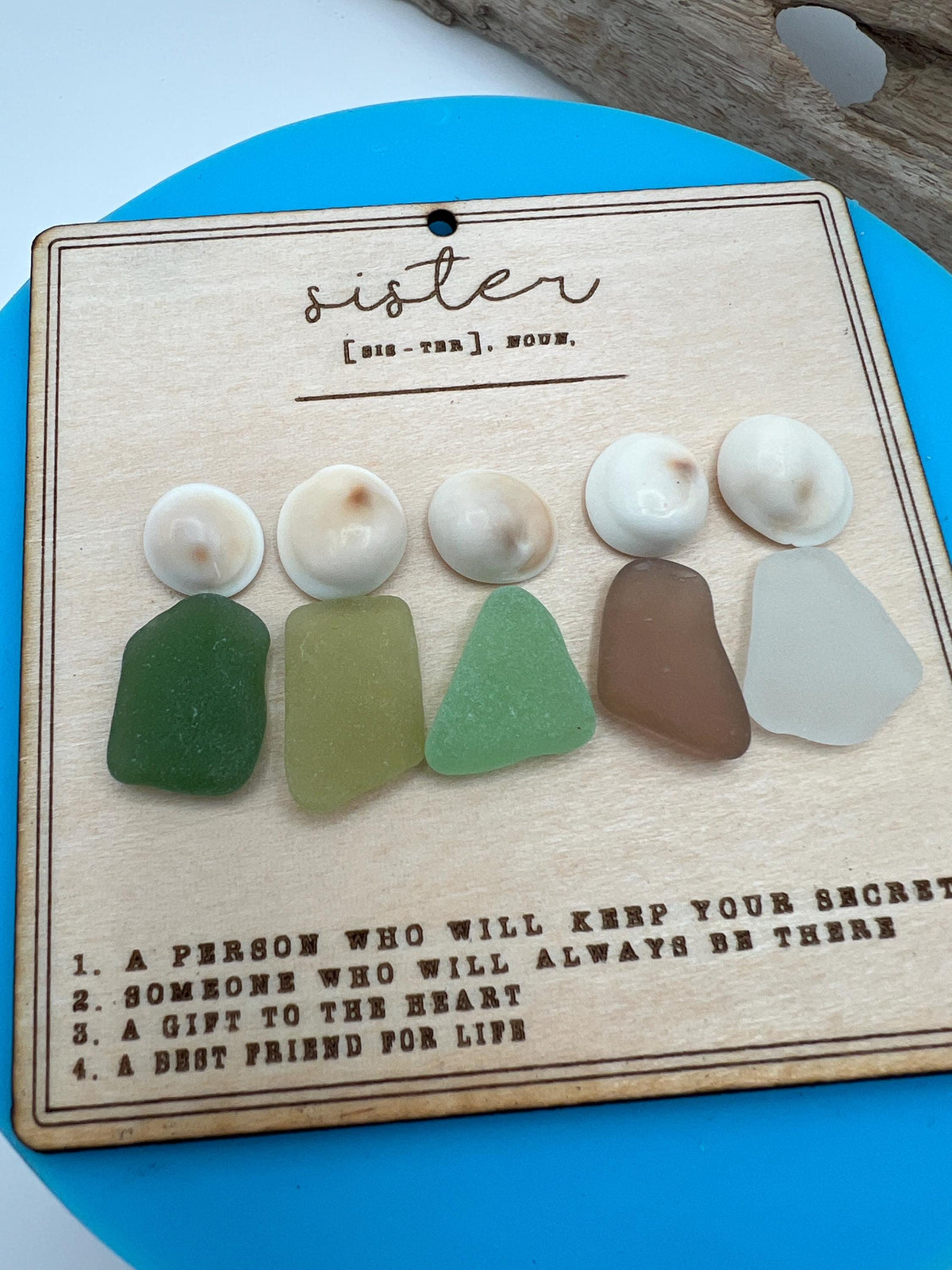 Handmade Sea Glass Sister Keepsake Ornament, Personalized Wood Family Art