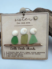 Handmade Sea Glass Sister Keepsake Ornament, Personalized Wood Family Art