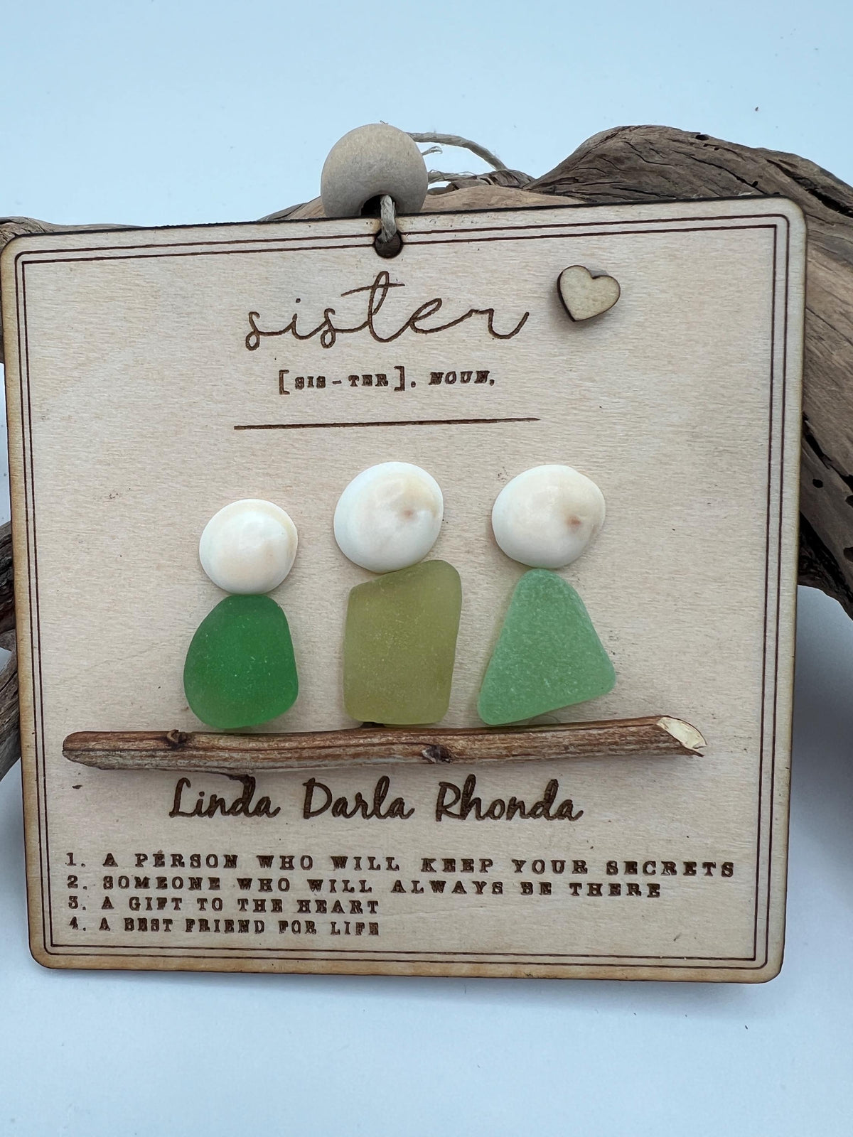 Handmade Sea Glass Sister Keepsake Ornament, Personalized Wood Family Art