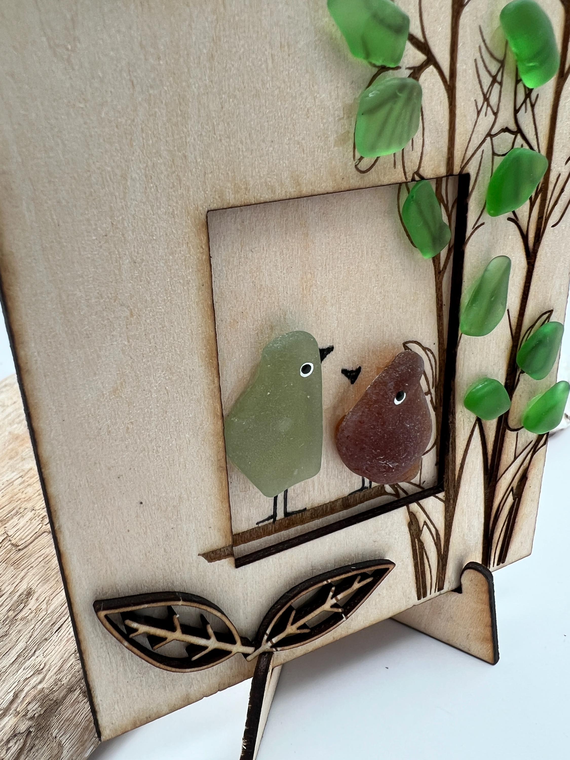 Genuine Sea Glass Friendship Birds – Handmade Coastal Bird Art with Wooden Easel