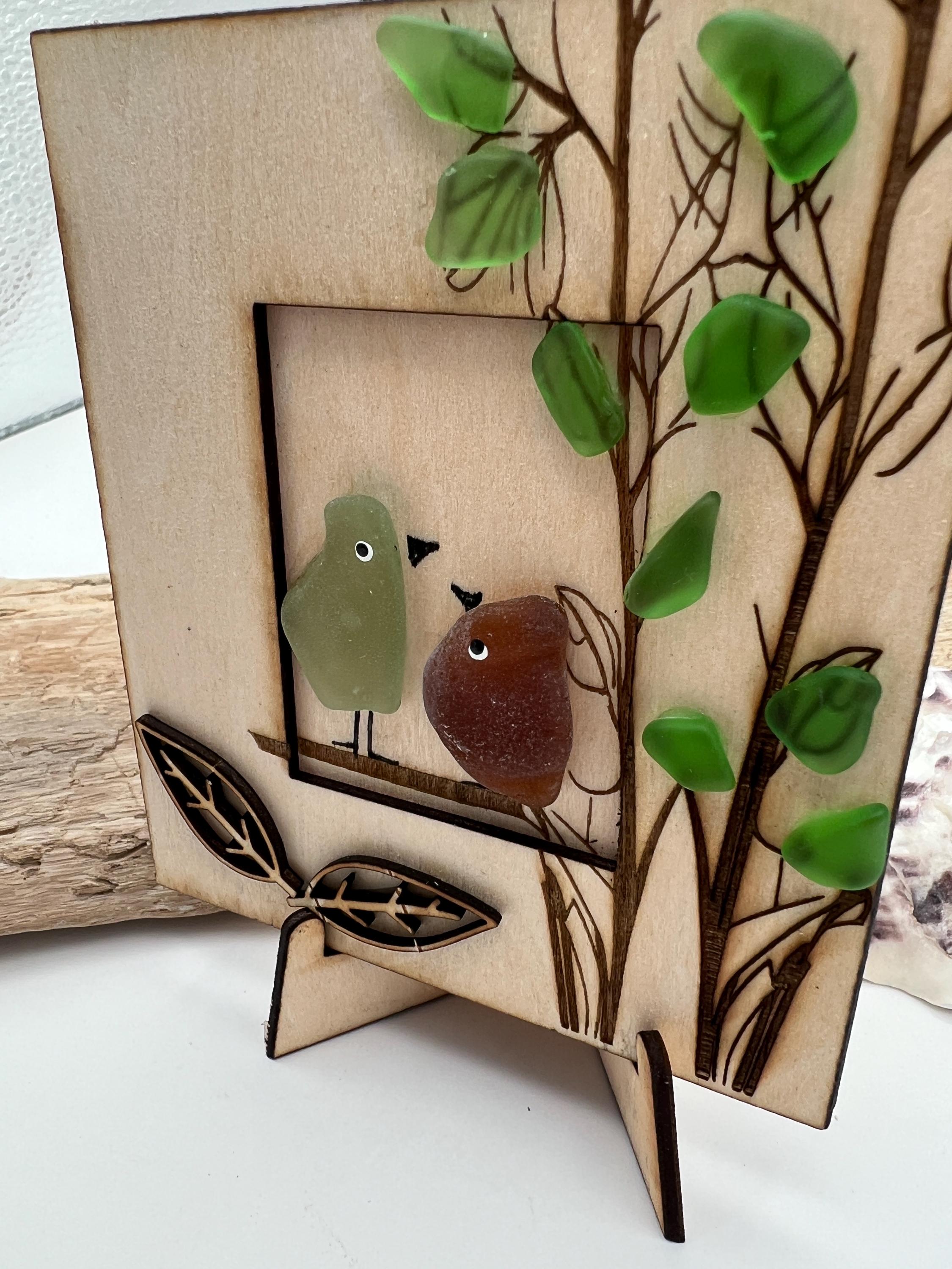 Genuine Sea Glass Friendship Birds – Handmade Coastal Bird Art with Wooden Easel