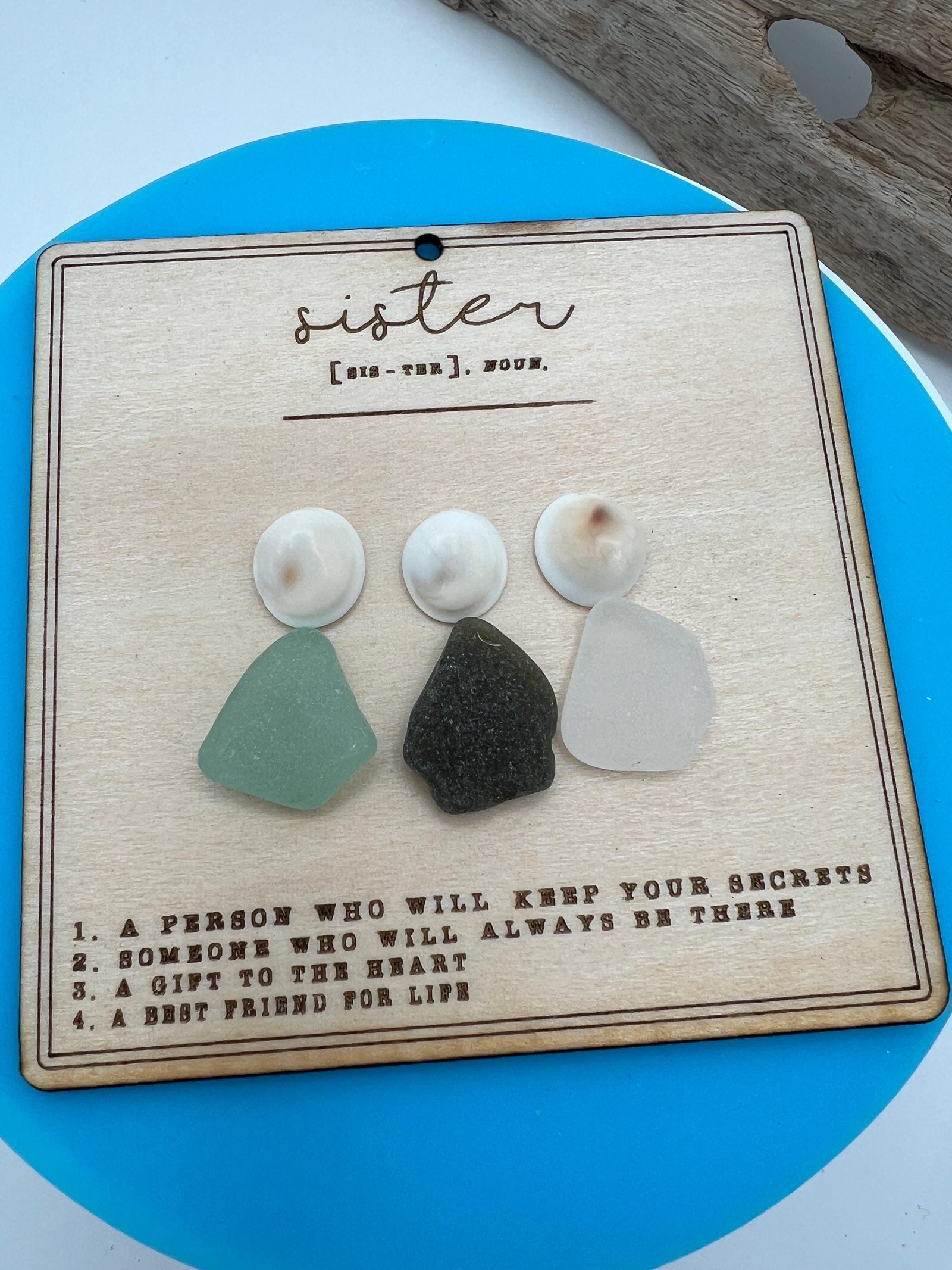 Handmade Sea Glass Sister Keepsake Ornament, Personalized Wood Family Art