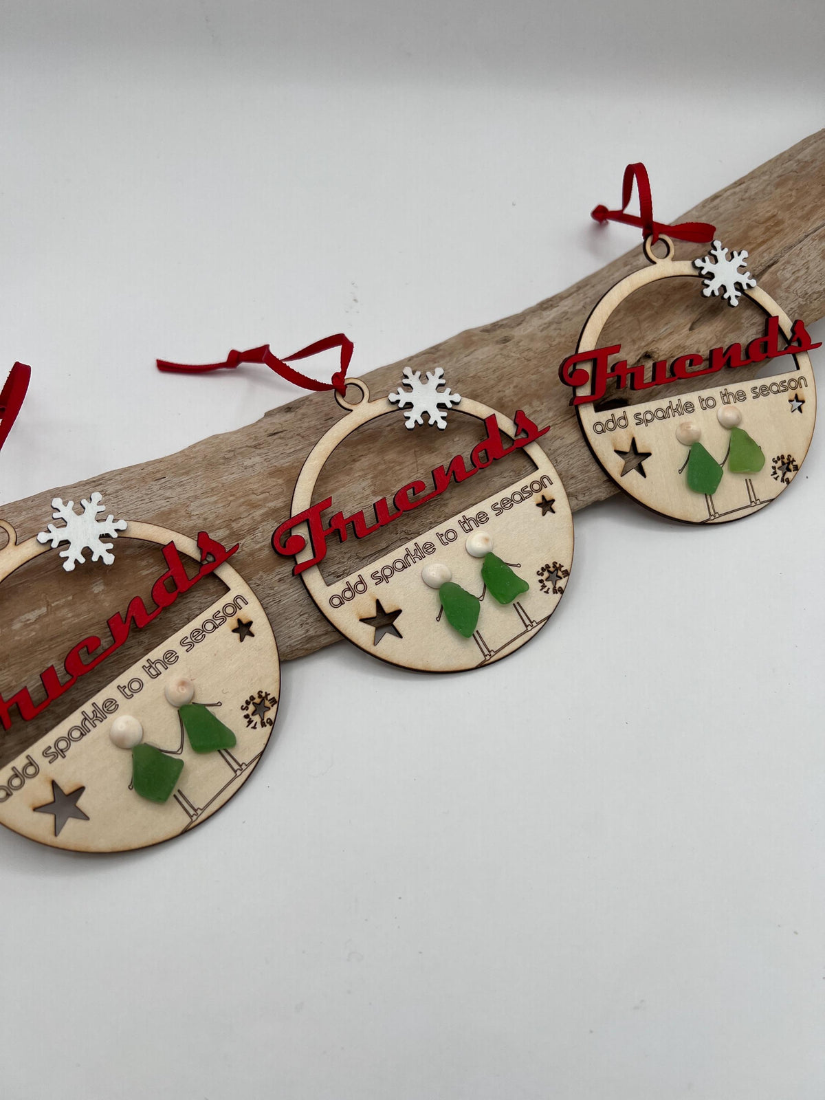 Unique Sea Glass Friendship Christmas Ornament, Handmade Wooden Holiday Keepsake. “friends add sparkle”
