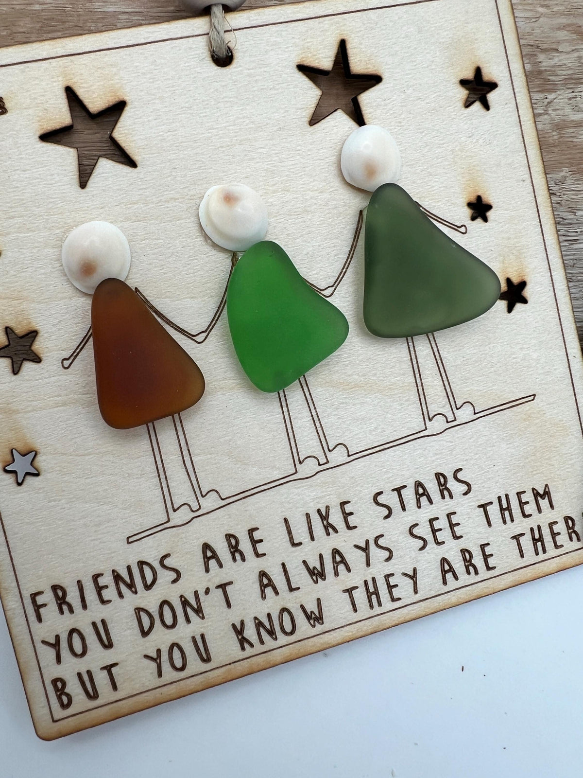 Sea Glass Friendship Ornament, Friends are like Stars, Personalized BFF Group Gift, Handmade Wooden Art