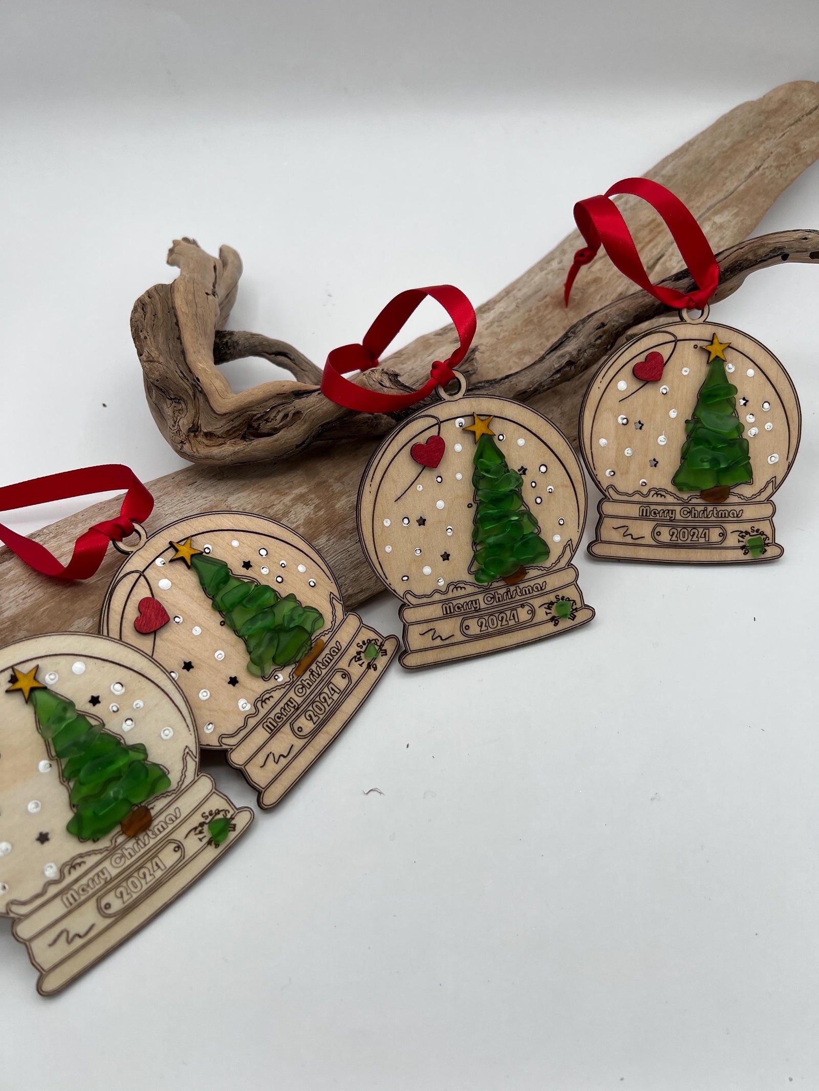 Sea Glass Christmas Ornament 2026 – Handmade Wood Snow Globe, Personalized