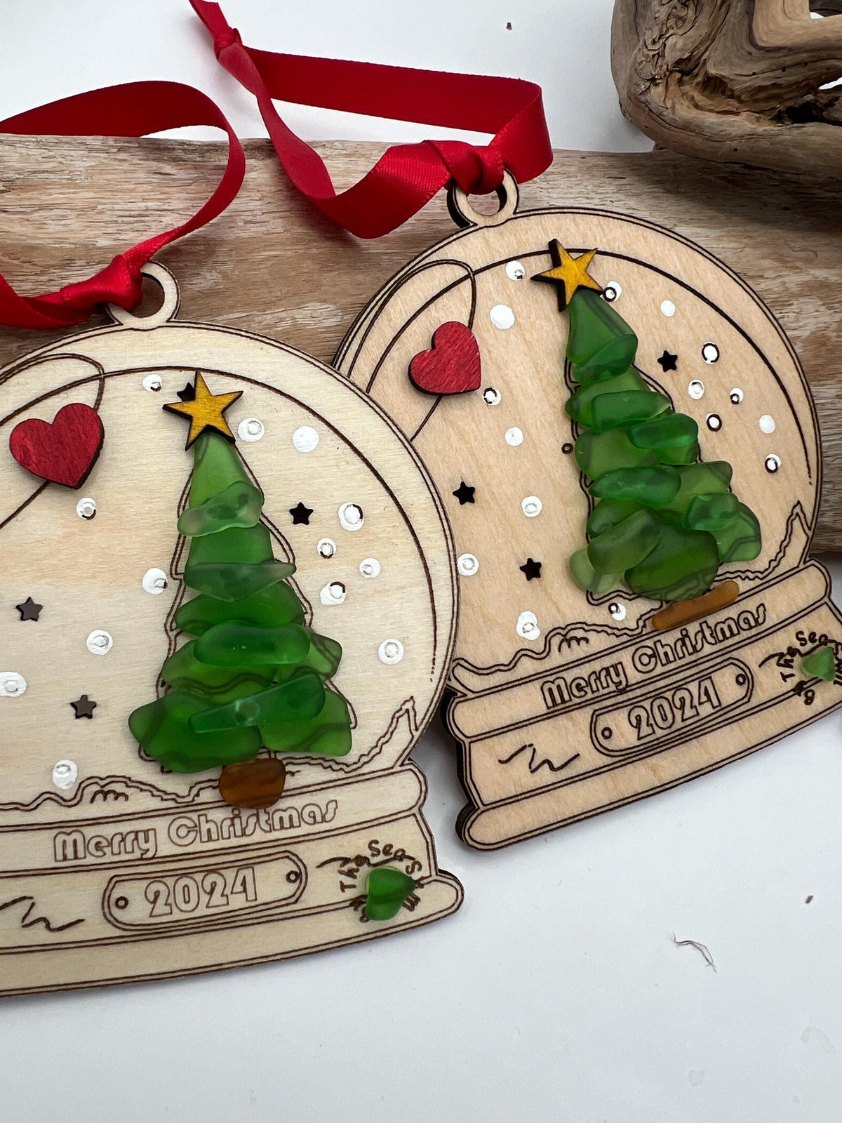 Sea Glass Christmas Ornament 2026 – Handmade Wood Snow Globe, Personalized