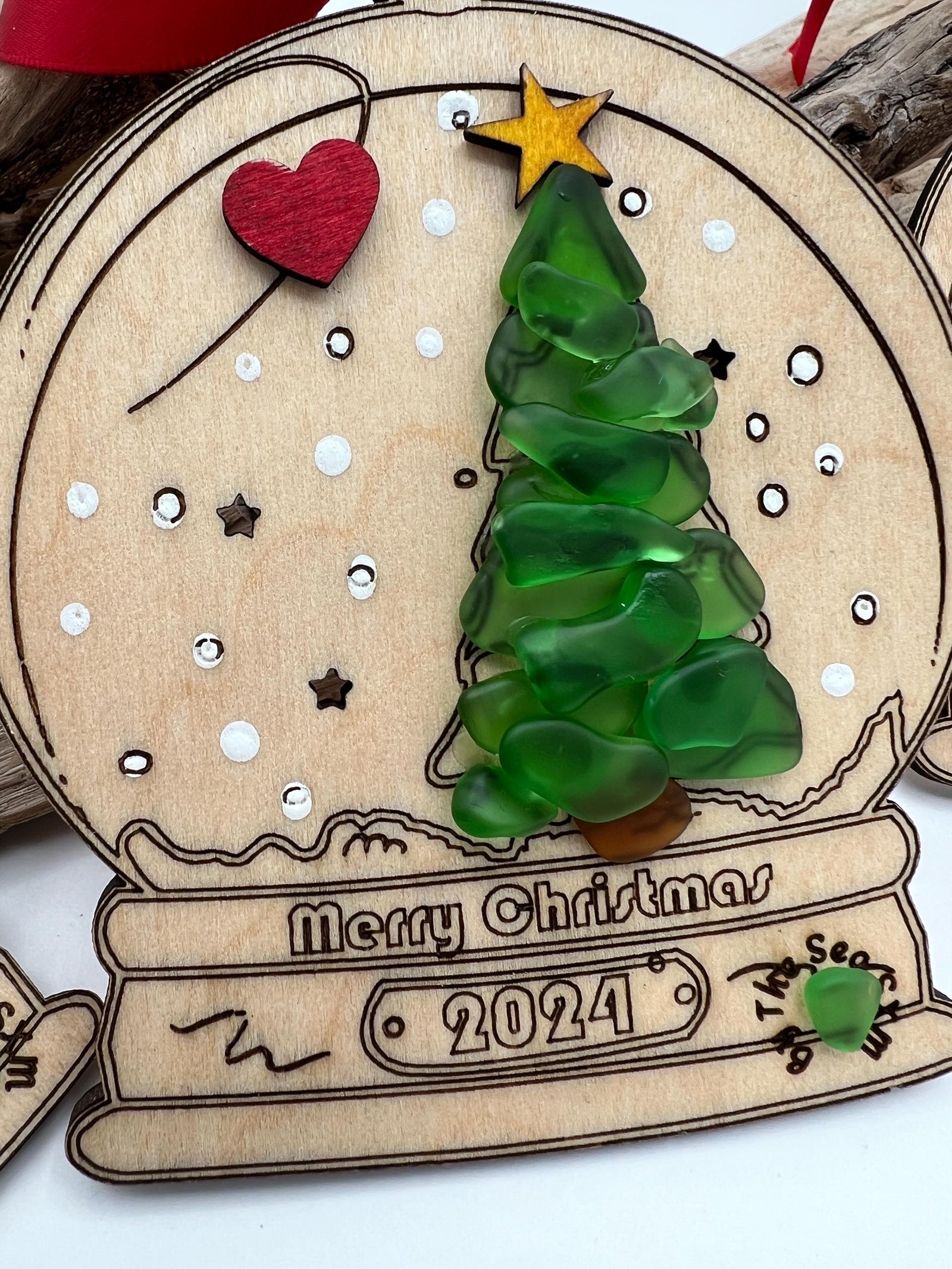 Sea Glass Christmas Ornament 2026 – Handmade Wood Snow Globe, Personalized