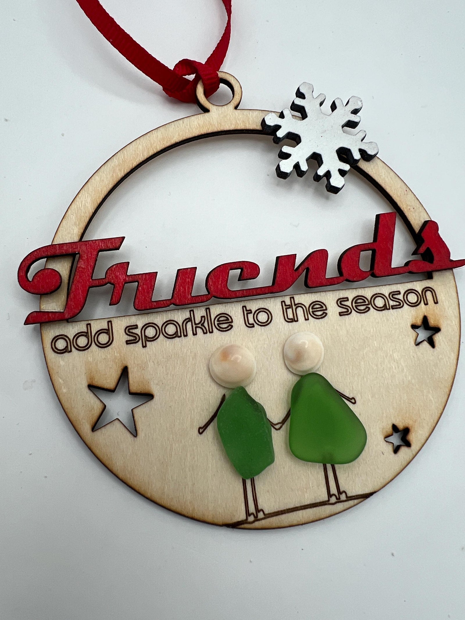 Unique Sea Glass Friendship Christmas Ornament, Handmade Wooden Holiday Keepsake. “friends add sparkle”