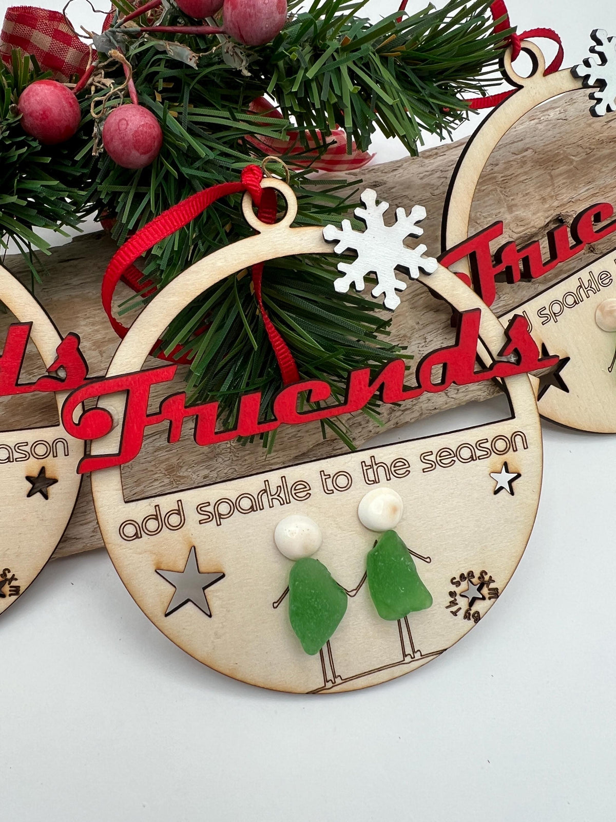 Unique Sea Glass Friendship Christmas Ornament, Handmade Wooden Holiday Keepsake. “friends add sparkle”
