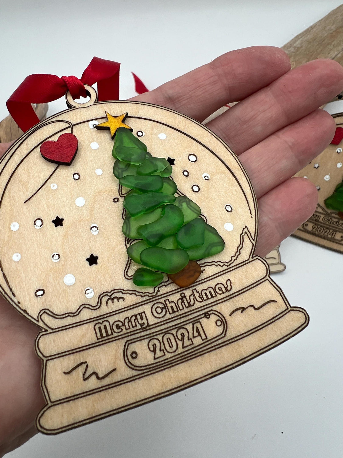 Sea Glass Christmas Ornament 2026 – Handmade Wood Snow Globe, Personalized