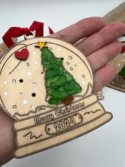 Sea Glass Christmas Ornament 2026 – Handmade Wood Snow Globe, Personalized