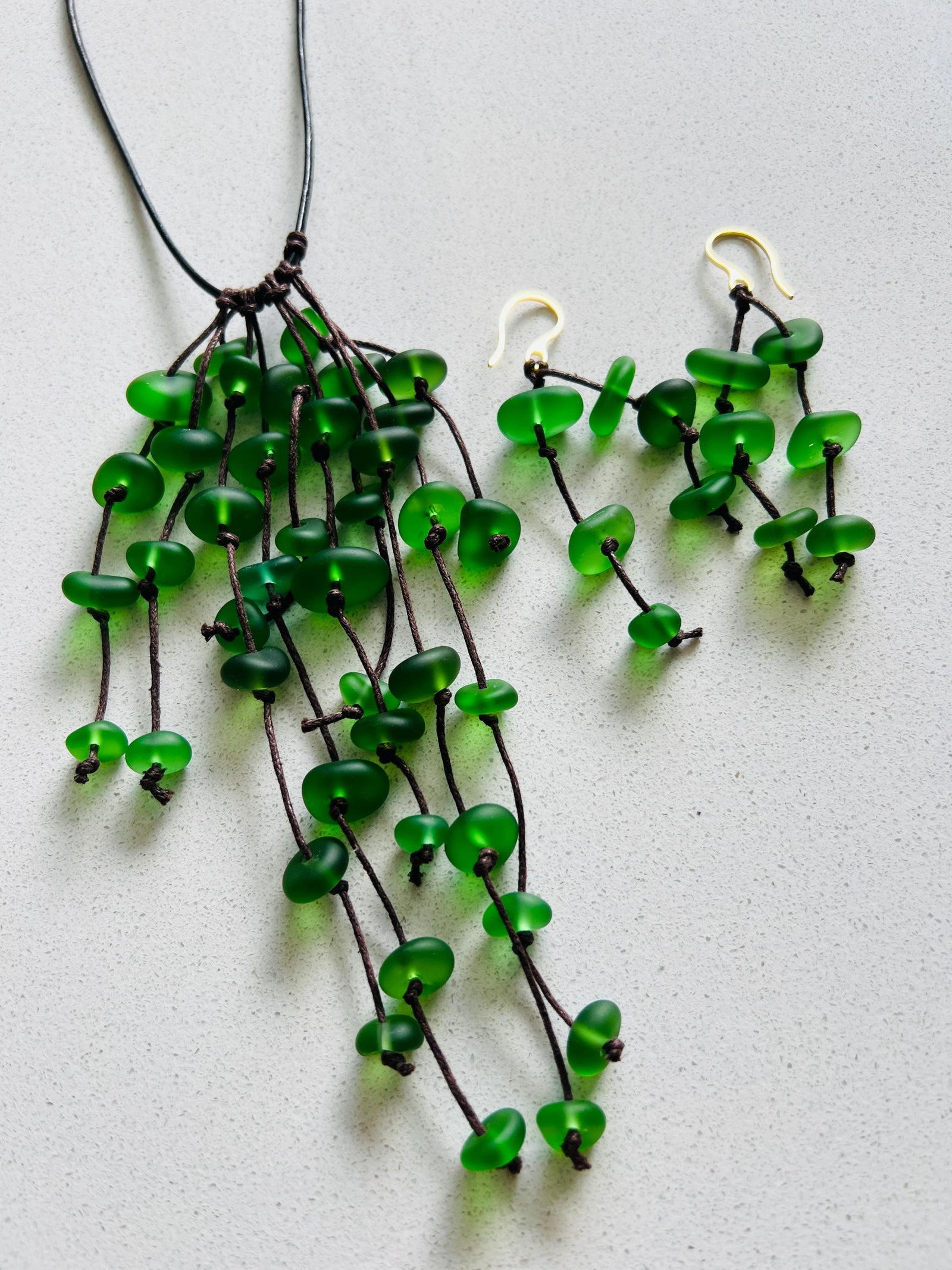 Caribbean Green Sea Glass Goddess Necklace & Earrings Set: Knotted Upcycled Jewelry