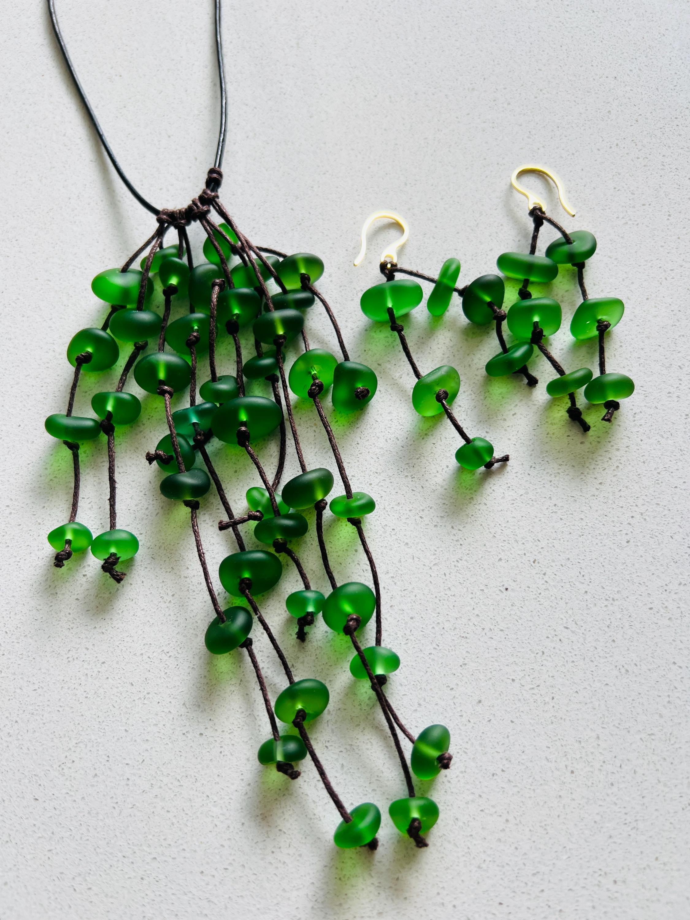 Caribbean Green Sea Glass Goddess Necklace & Earrings Set: Knotted Upcycled Jewelry