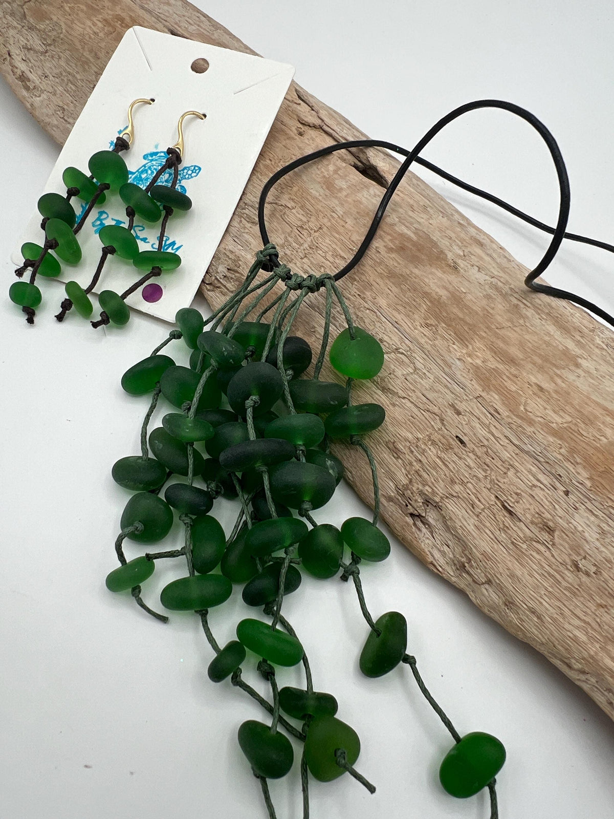 Caribbean Green Sea Glass Goddess Necklace & Earrings Set: Knotted Upcycled Jewelry