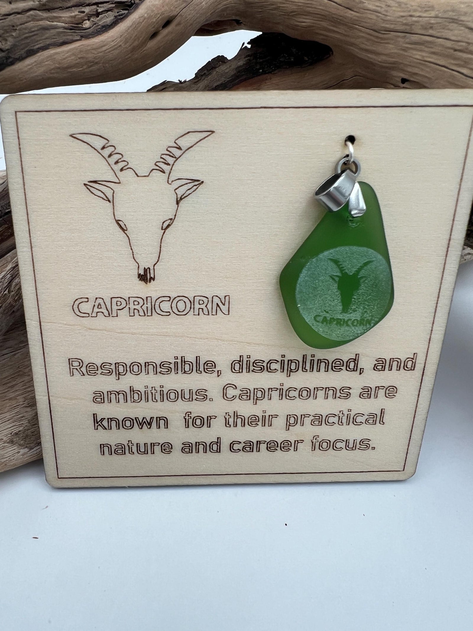 Engraved Sea Glass Zodiac Pendant: Handmade Caribbean Astrology Necklace
