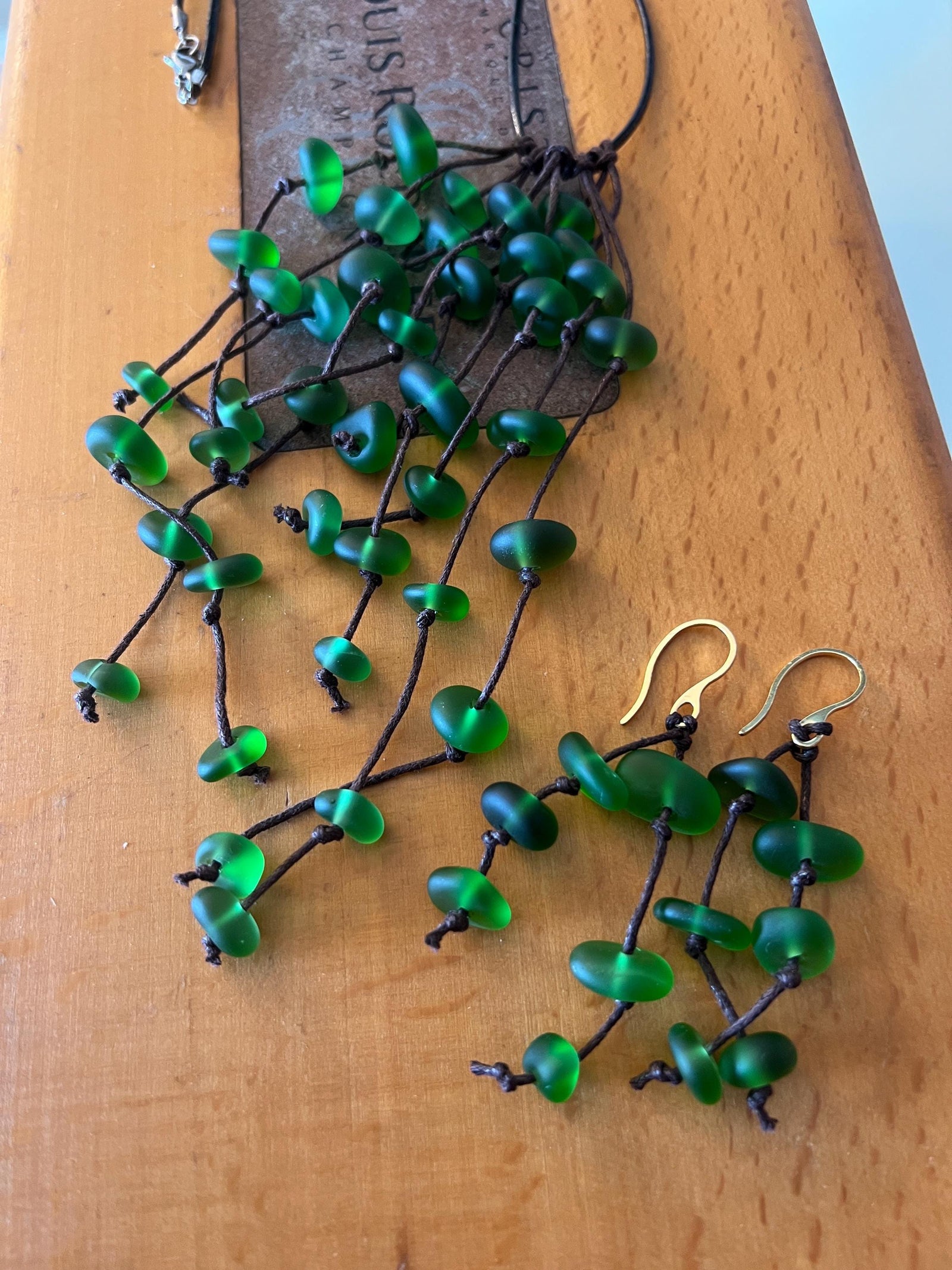 Caribbean Green Sea Glass Goddess Necklace & Earrings Set: Knotted Upcycled Jewelry