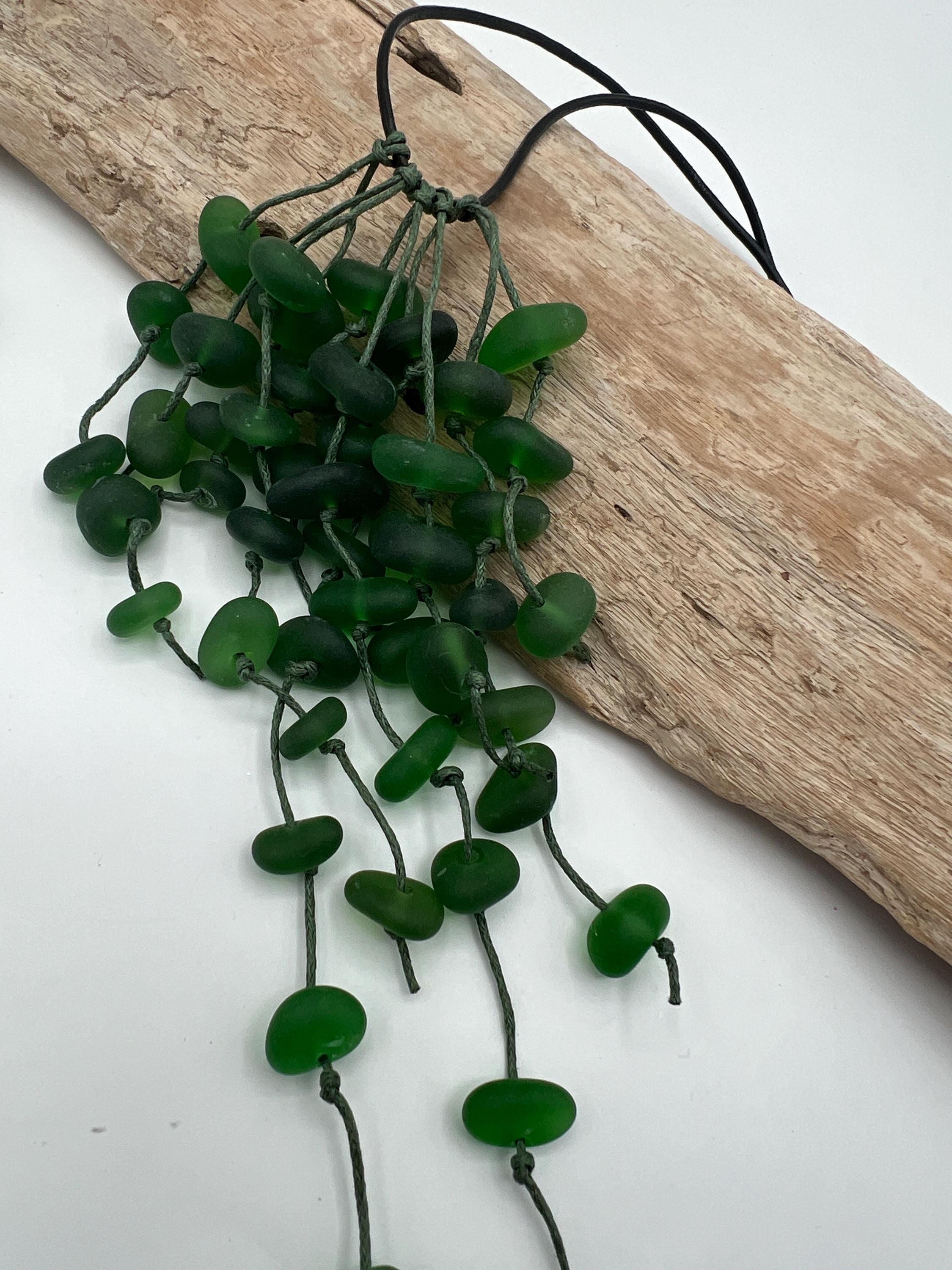 Caribbean Green Sea Glass Goddess Necklace & Earrings Set: Knotted Upcycled Jewelry