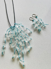 Caribbean Sea Glass Necklace & Earring Set: Knotted Pendant, Upcycled Ocean Jewelry