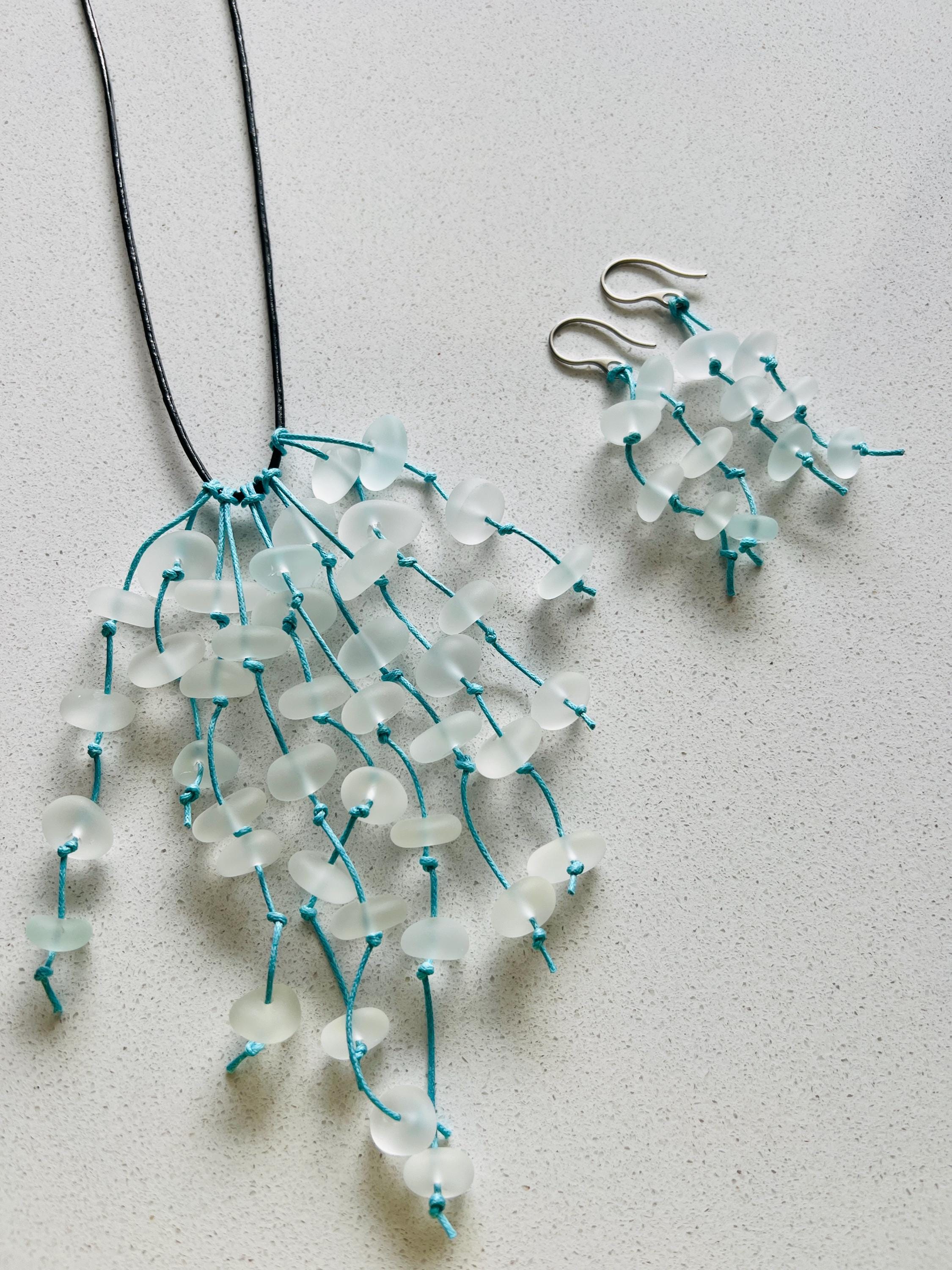Caribbean Sea Glass Necklace & Earring Set: Knotted Pendant, Upcycled Ocean Jewelry