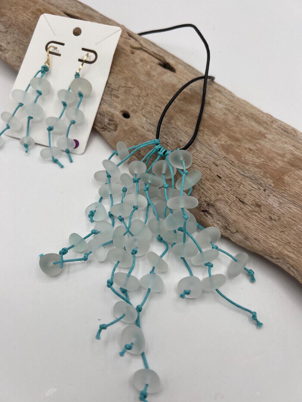 Caribbean Sea Glass Necklace & Earring Set: Knotted Pendant, Upcycled Ocean Jewelry