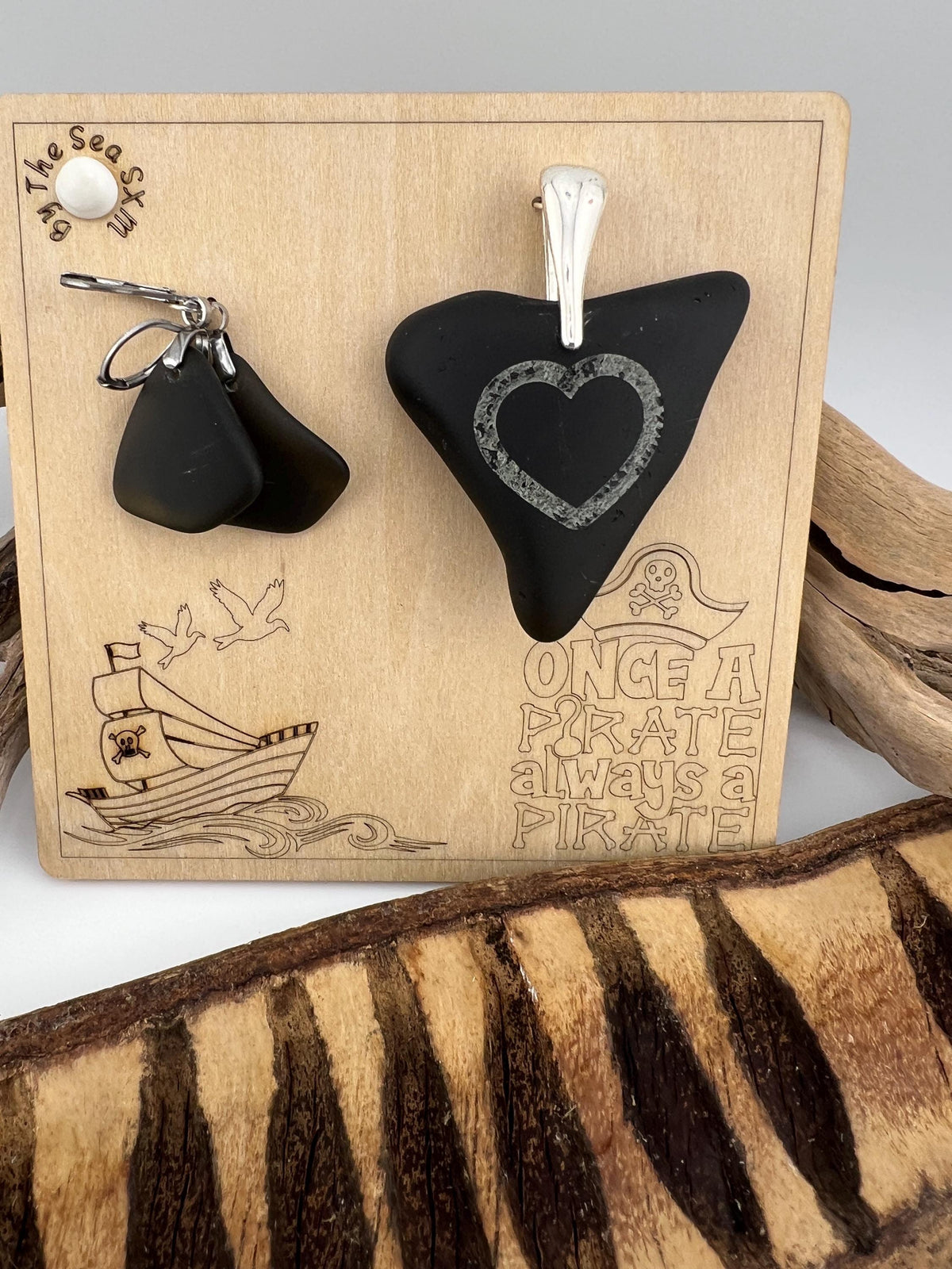 Rare Black Sea Glass Pirate Pendant & Earrings: Caribbean Treasure Gift Set