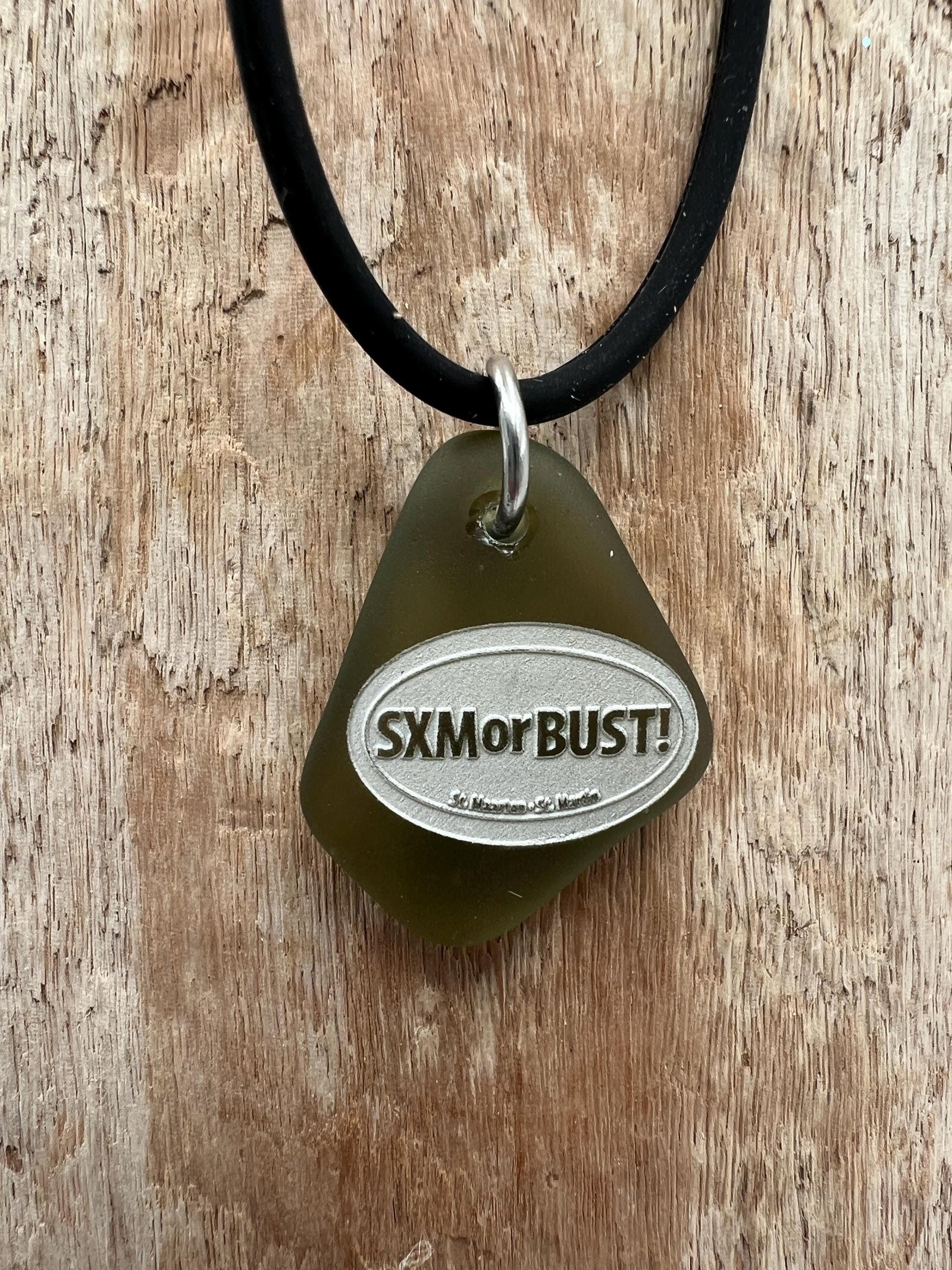 Engraved Sea Glass Pendant Necklace: SXMorBust Logo, Waterproof