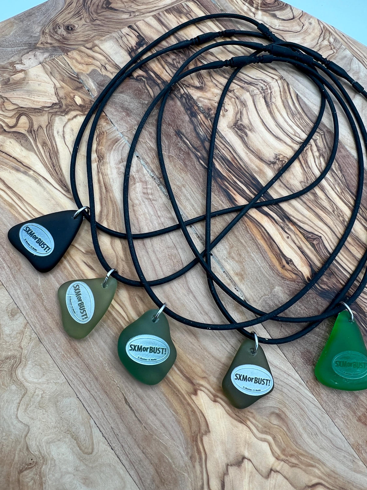 Engraved Sea Glass Pendant Necklace: SXMorBust Logo, Waterproof