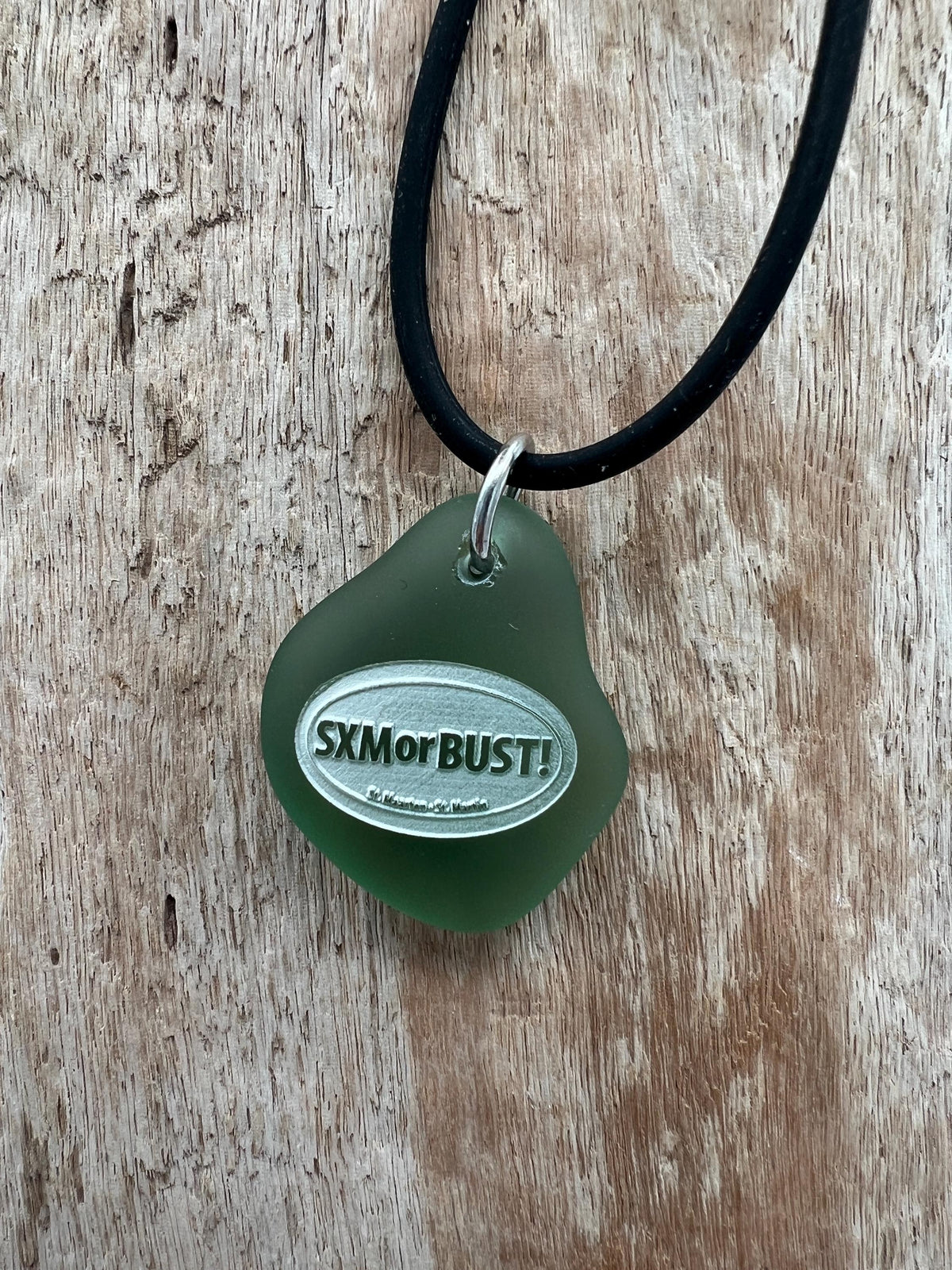 Engraved Sea Glass Pendant Necklace: SXMorBust Logo, Waterproof
