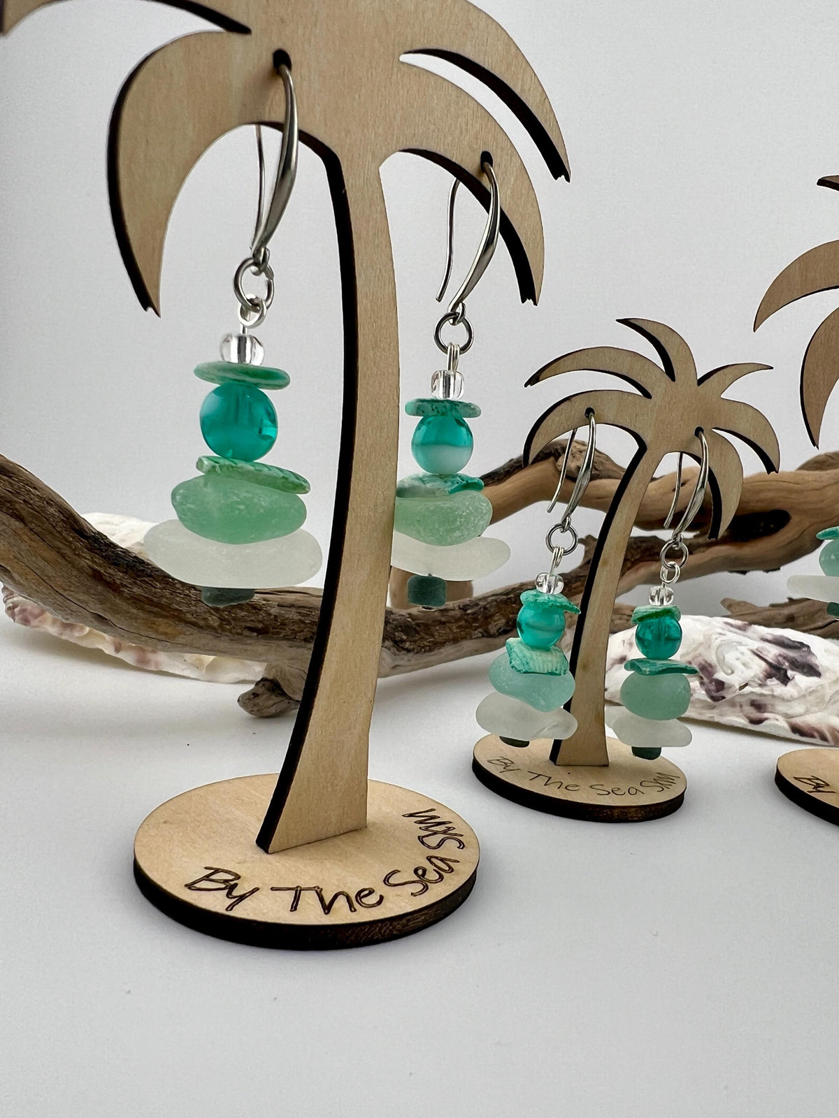 Mermaid Sea Glass Earrings with Palm Tree Holder, Caribbean Aqua Beach Glass Coastal Jewelry