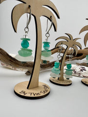 Mermaid Sea Glass Earrings with Palm Tree Holder, Caribbean Aqua Beach Glass Coastal Jewelry