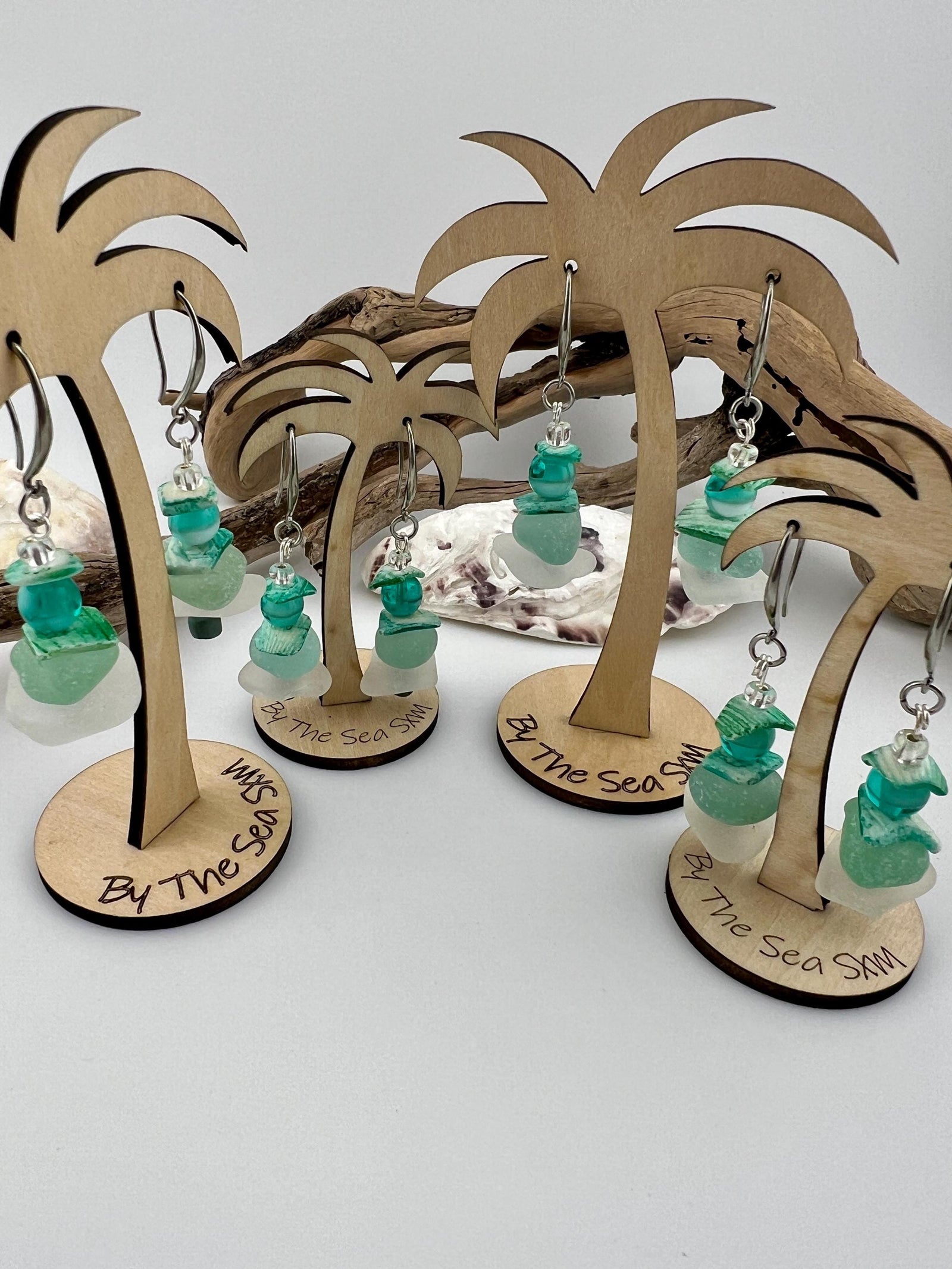 Mermaid Sea Glass Earrings with Palm Tree Holder, Caribbean Aqua Beach Glass Coastal Jewelry