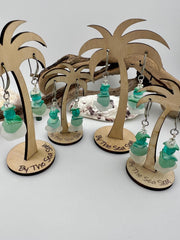 Mermaid Sea Glass Earrings with Palm Tree Holder, Caribbean Aqua Beach Glass Coastal Jewelry