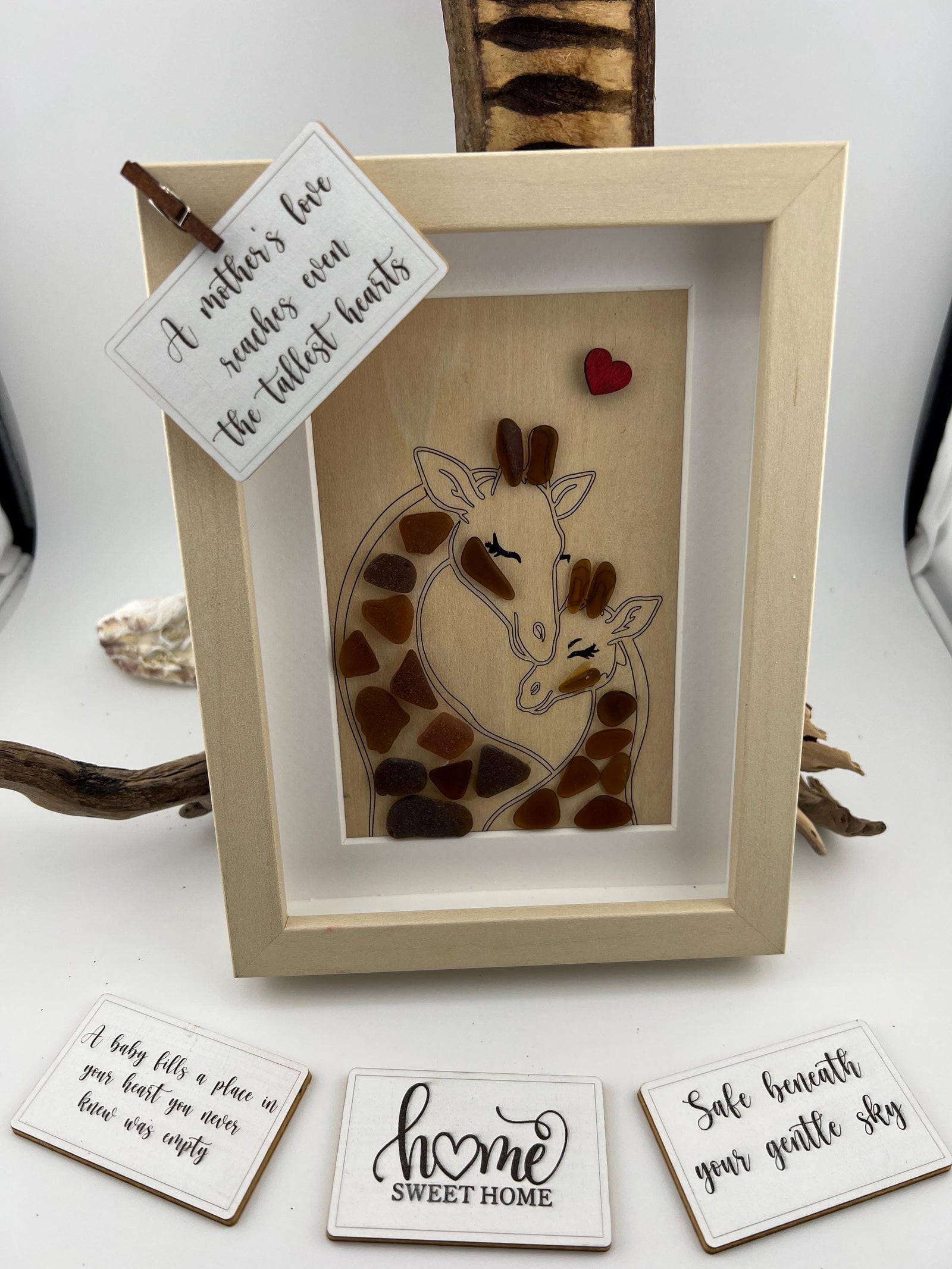 Sea Glass Giraffe Art: Mom & Baby Keepsake - Framed Animal Nursery Decor Gift