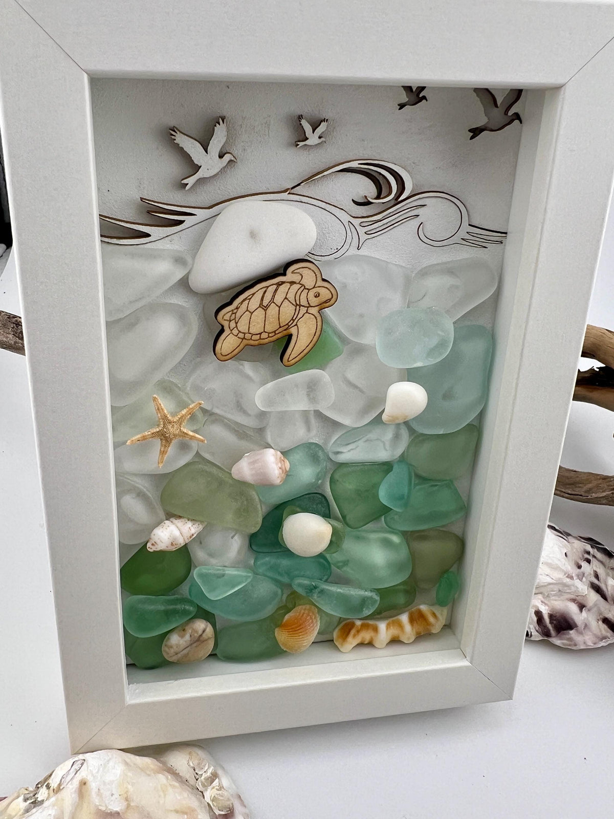 Sea Glass Mosaic Art – Sea Turtle, Framed Coastal Decor (4.5" x 6")
