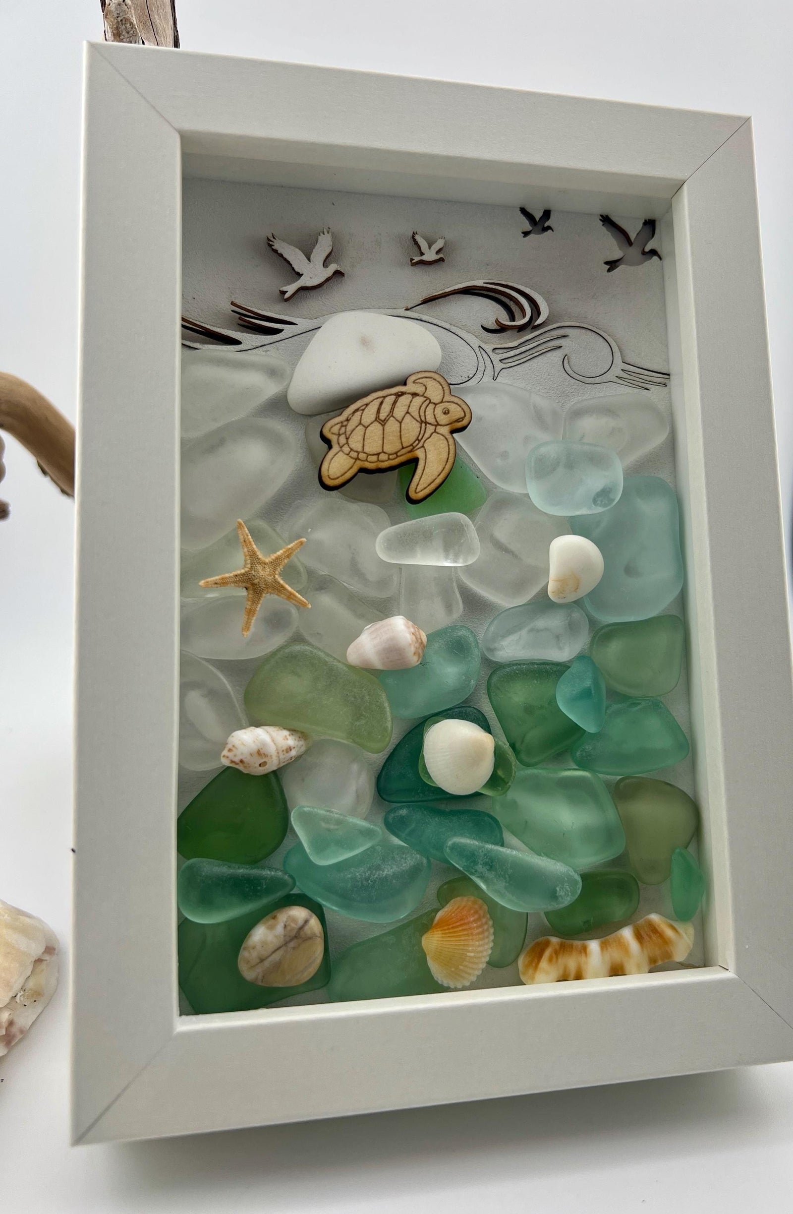 Sea Glass Mosaic Art – Sea Turtle, Framed Coastal Decor (4.5" x 6")
