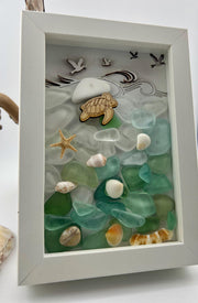Sea Glass Mosaic Art – Sea Turtle, Framed Coastal Decor (4.5" x 6")