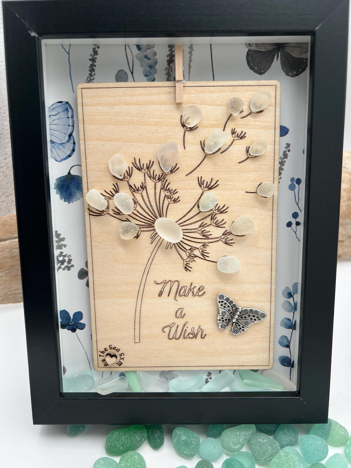 Sea Glass Art: Dandelion « Make a Wish », Butterfly - Framed Personalized Unique Friendship Birthday Gift