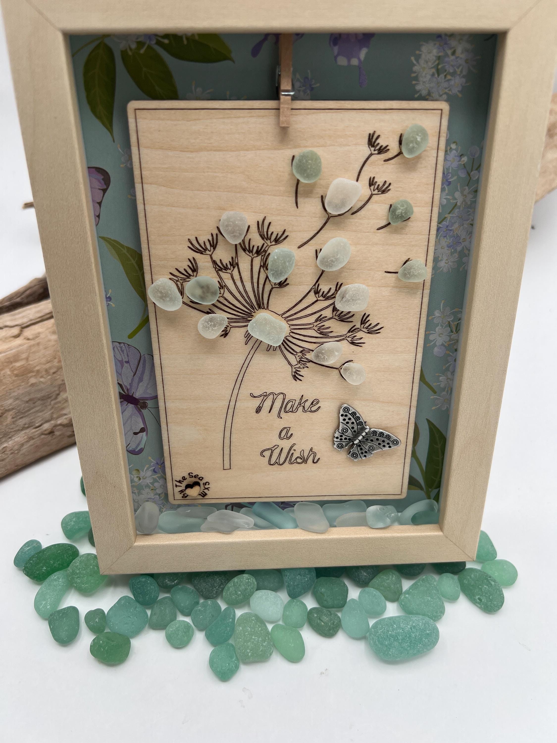 Sea Glass Art: Dandelion « Make a Wish », Butterfly - Framed Personalized Unique Friendship Birthday Gift