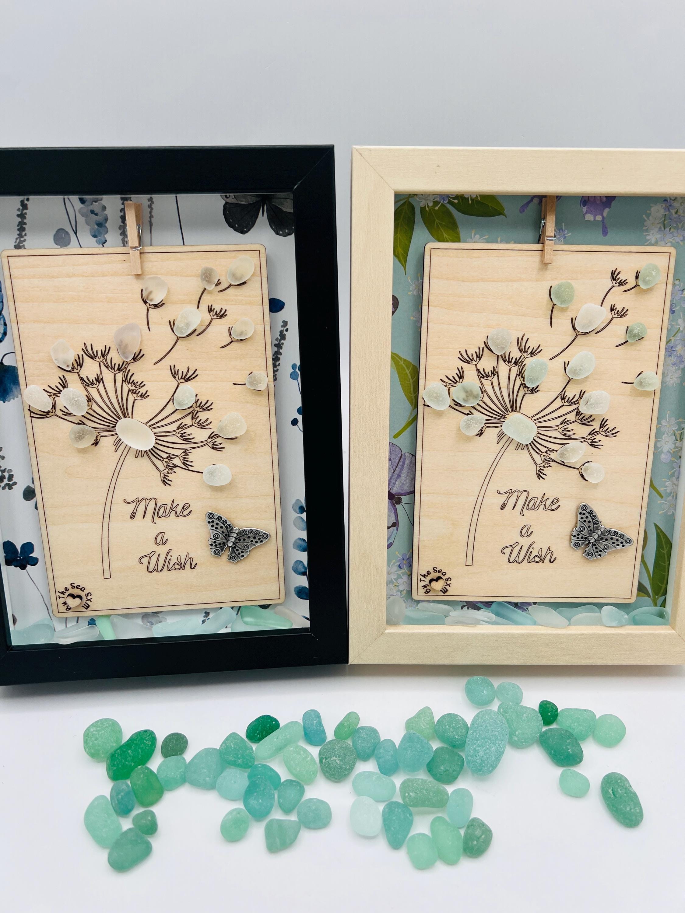 Sea Glass Art: Dandelion « Make a Wish », Butterfly - Framed Personalized Unique Friendship Birthday Gift