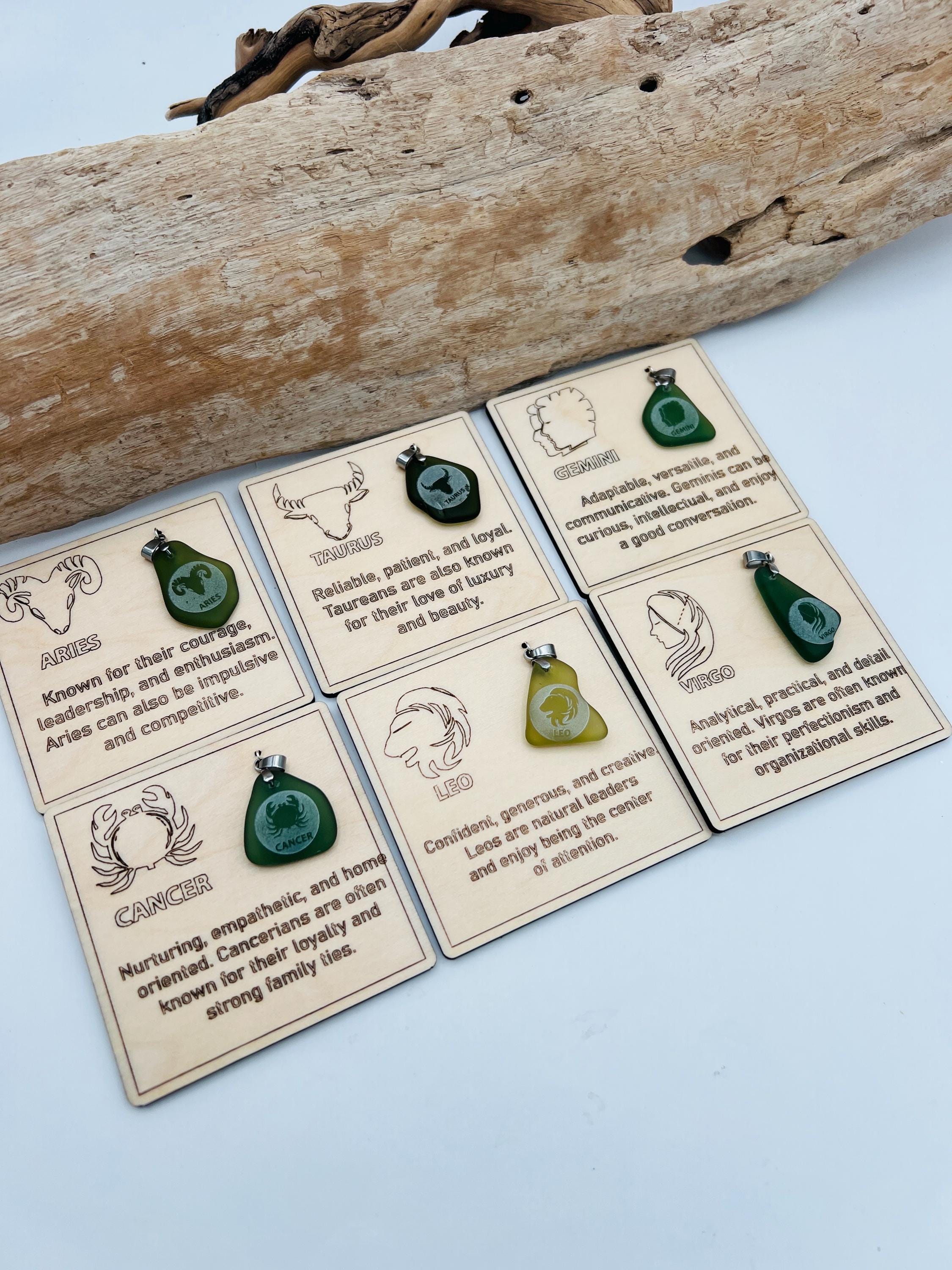 Engraved Zodiac Sea Glass Pendant: Caribbean Astrology BFF Birthday Gift