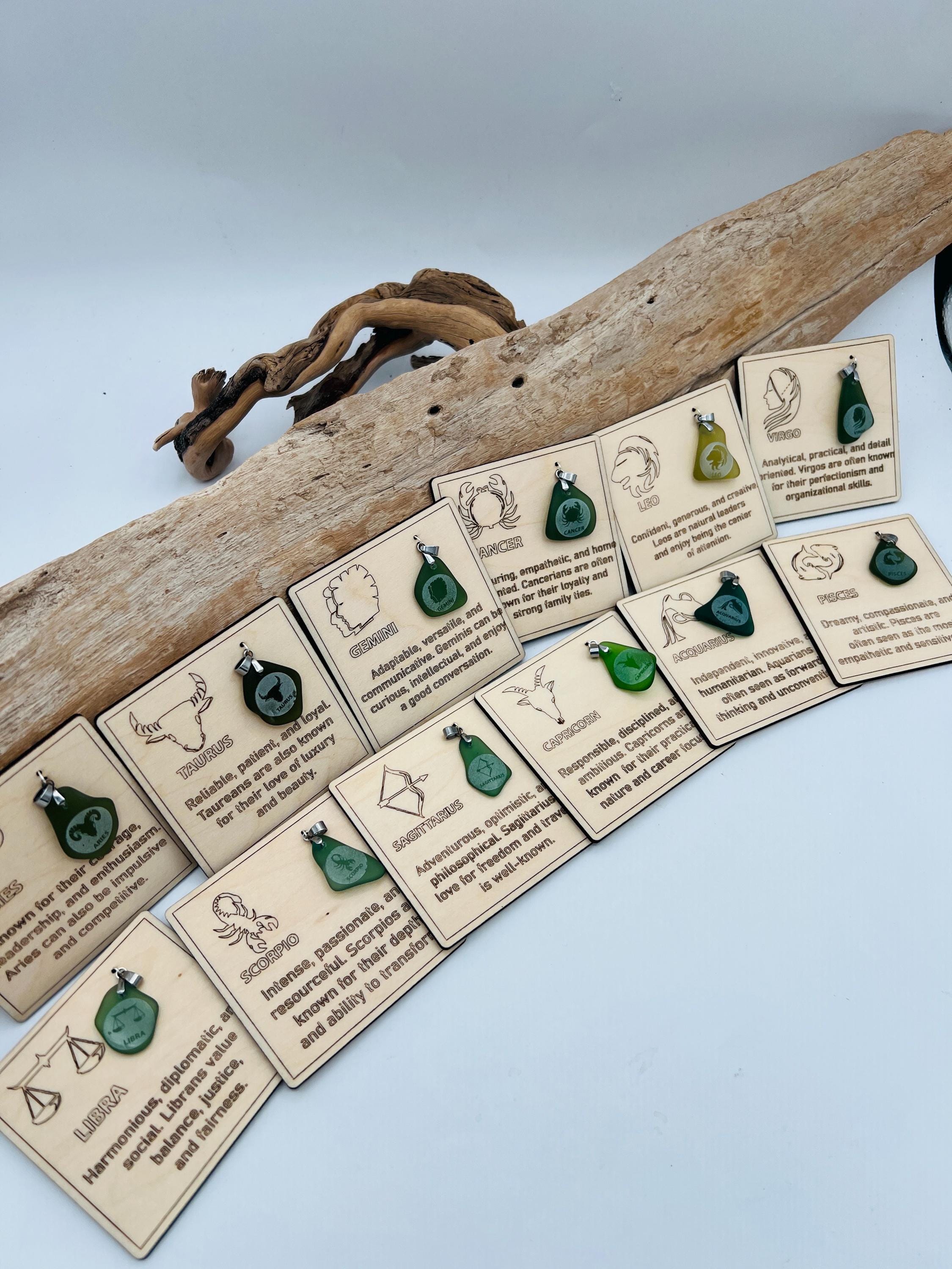 Engraved Sea Glass Zodiac Pendant: Handmade Caribbean Astrology Necklace