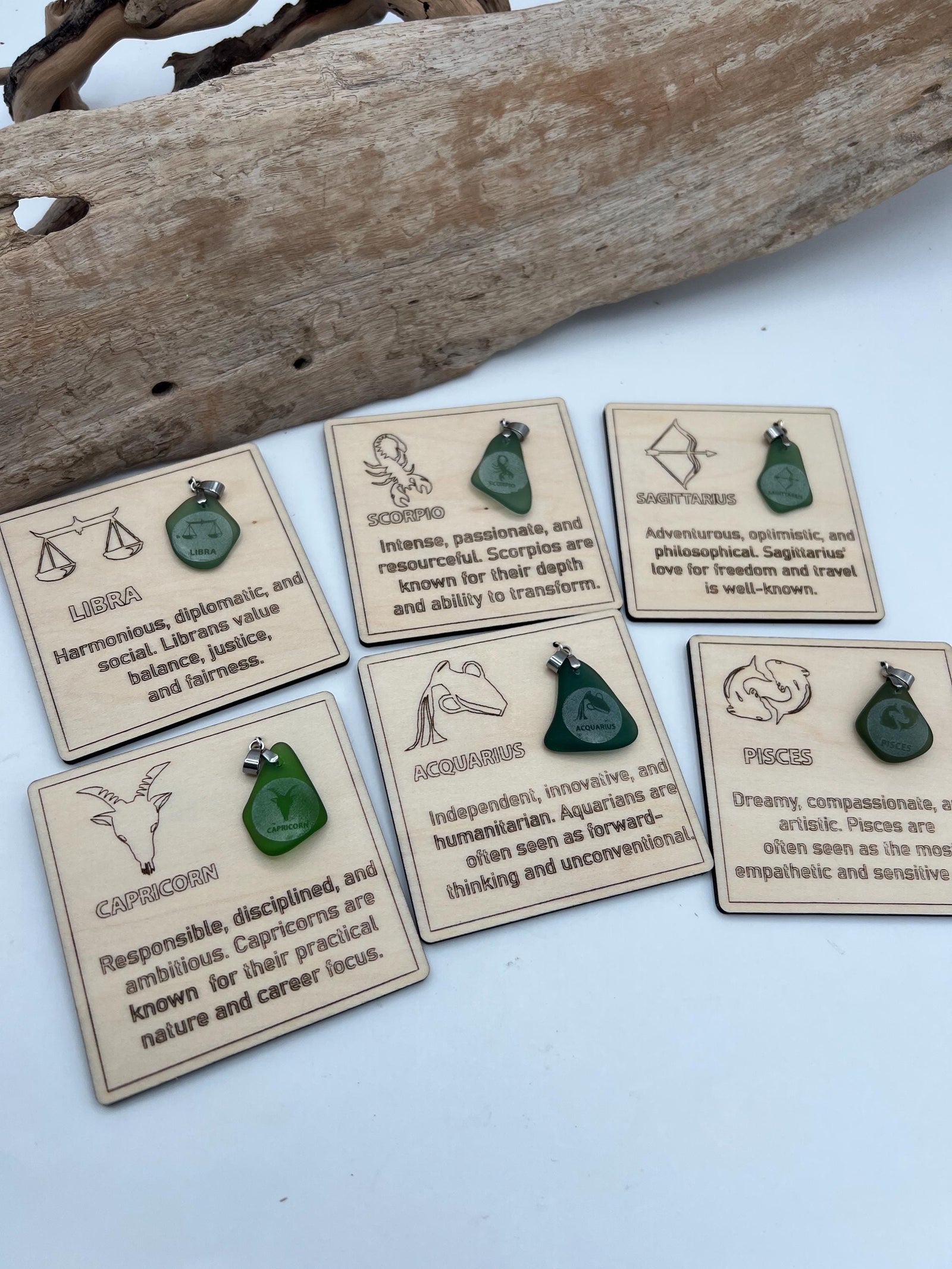 Engraved Sea Glass Zodiac Pendant: Handmade Caribbean Astrology Necklace