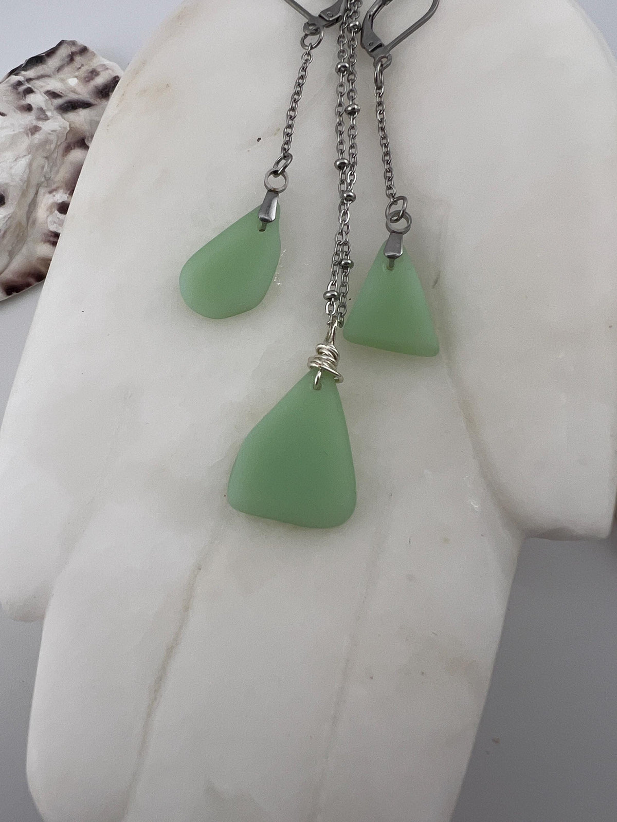 Rare Mint Milk Glass Sea Glass Jewelry Set: Vintage Necklace & Earrings