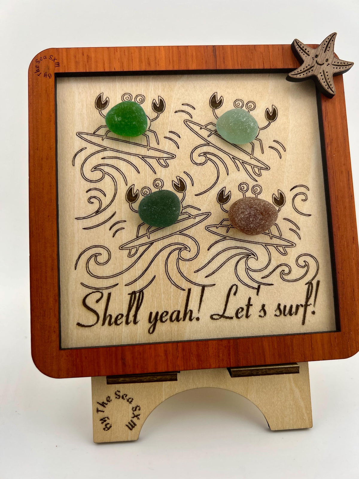 Authentic Caribbean Sea Glass Crab Art | Crabsolutely Clawsome Coastal Decor | Handmade Beach House Gift with Display Easel