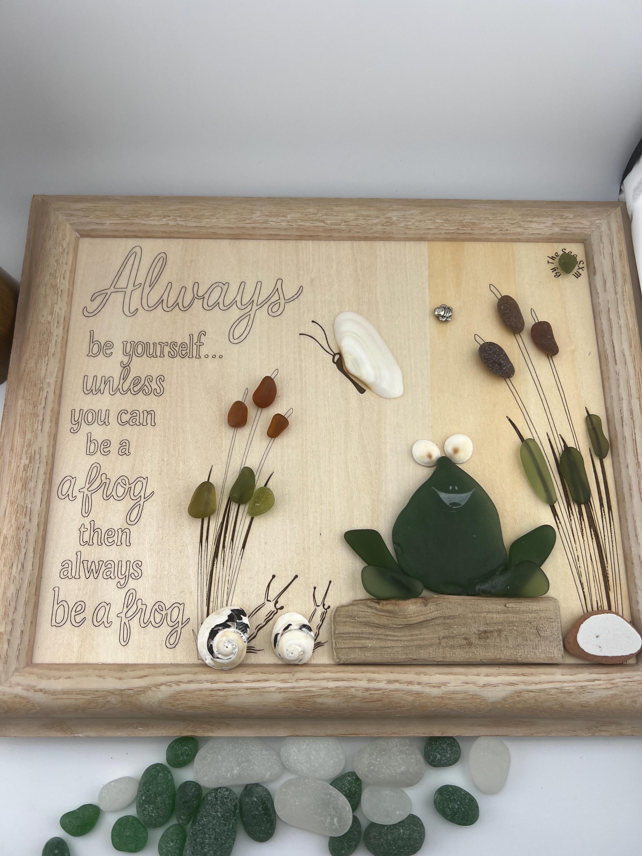 Sea Glass Frog Art – Whimsical Handmade Framed Wall Decor