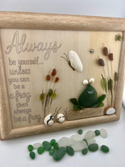 Sea Glass Frog Art – Whimsical Handmade Framed Wall Decor