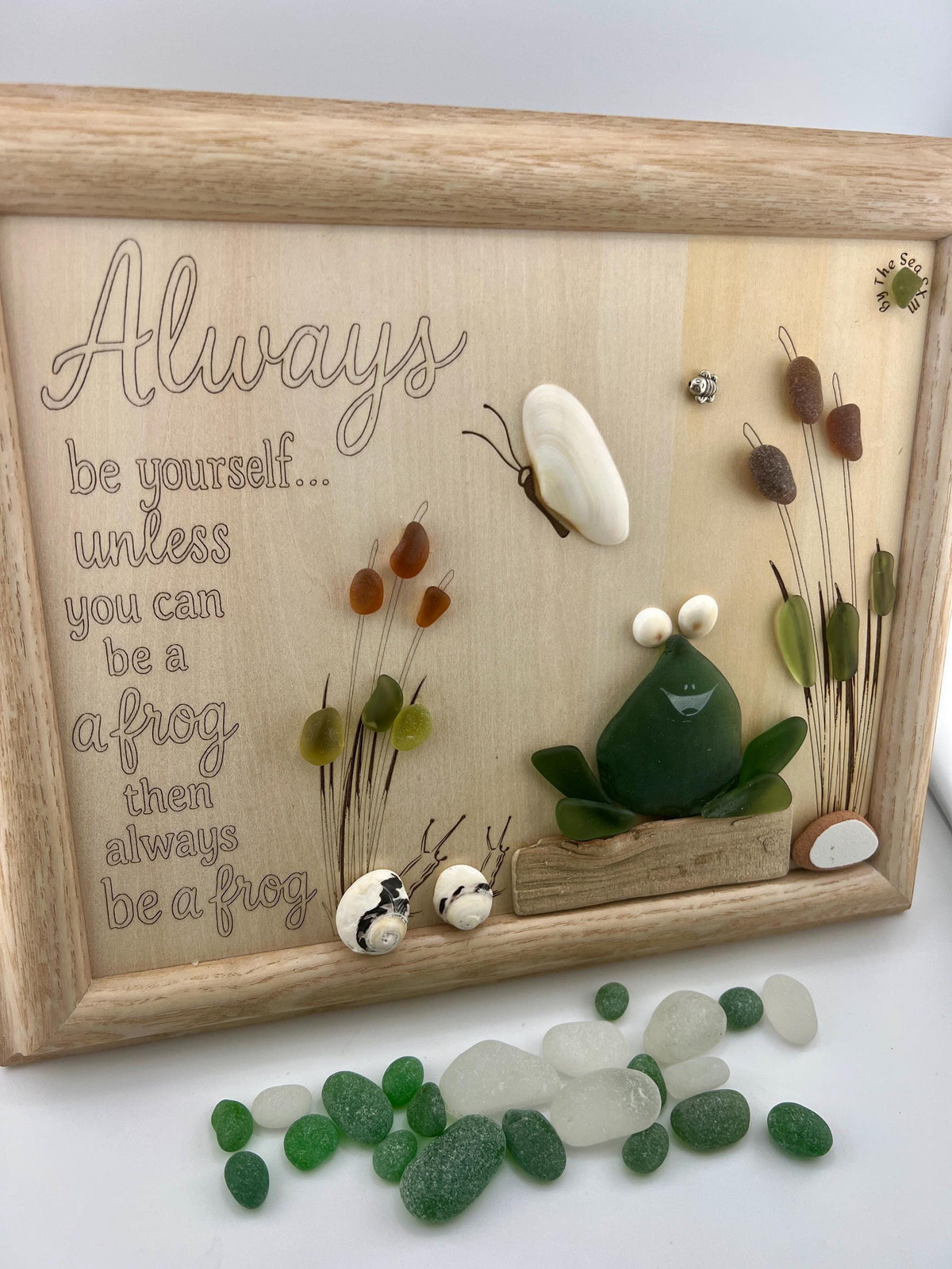 Sea Glass Frog Art – Whimsical Handmade Framed Wall Decor