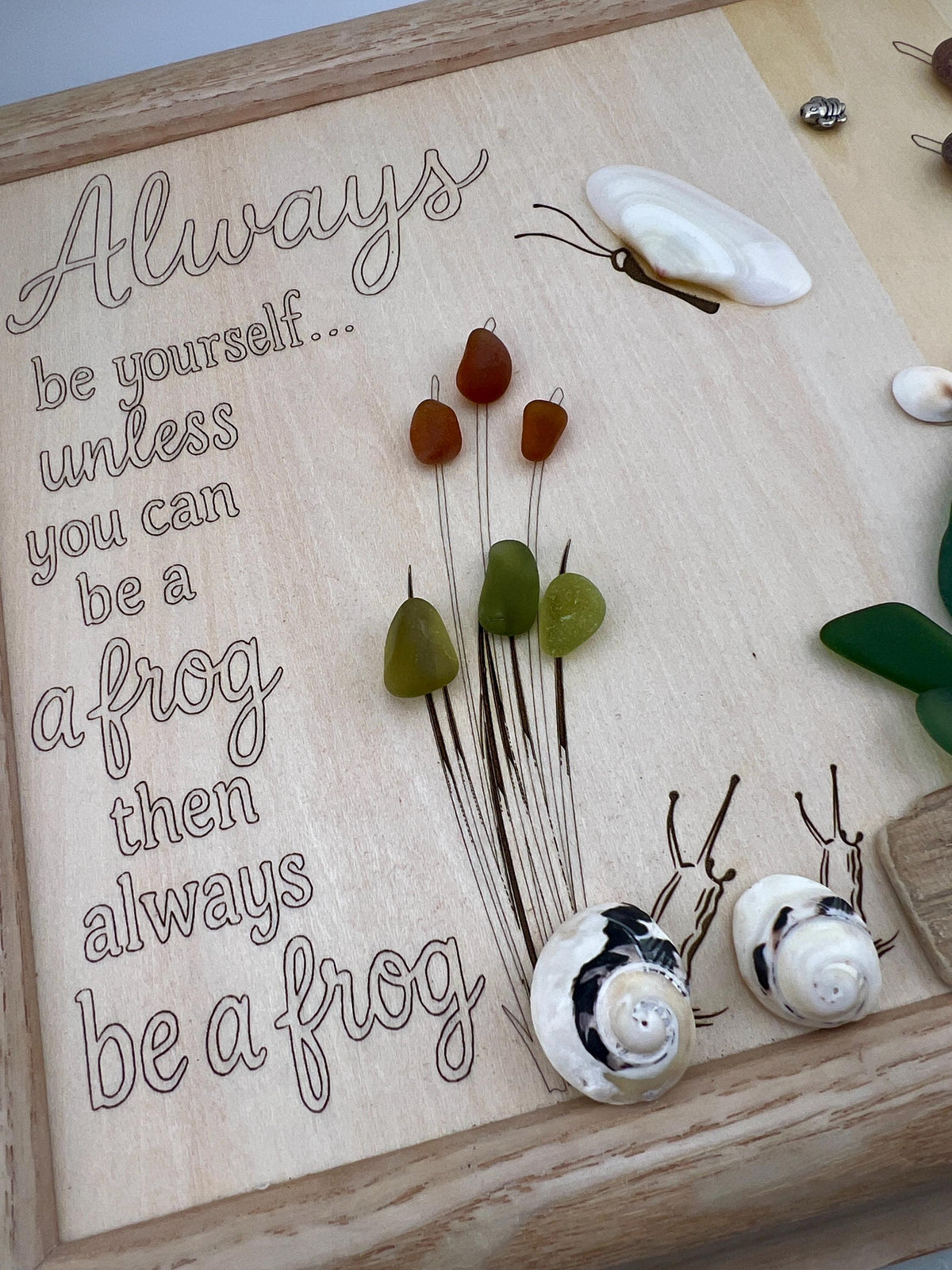 Sea Glass Frog Art – Whimsical Handmade Framed Wall Decor